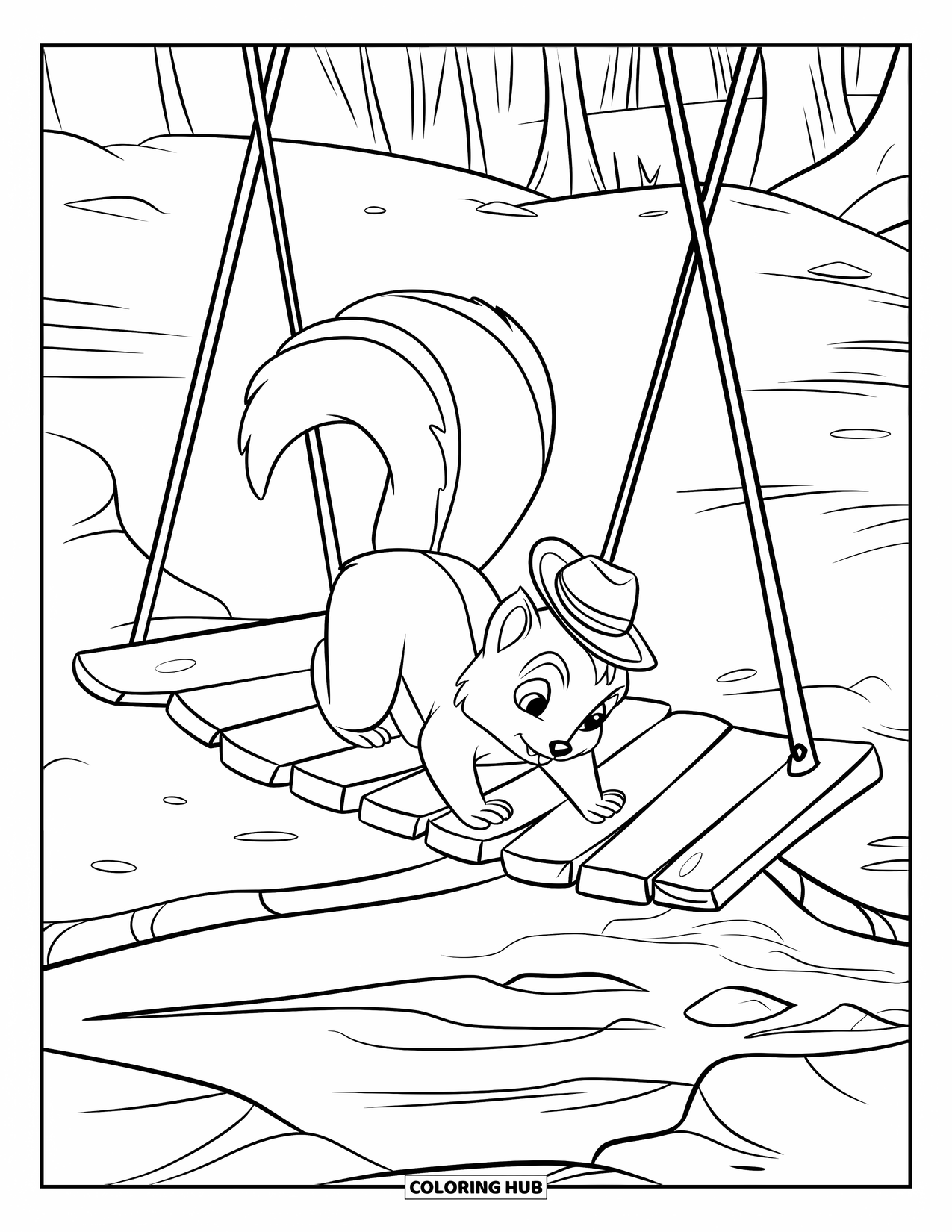 Squirrel Coloring Page for Kids: A tiny-hatted squirrel explores a wooden bridge above a quiet forest stream