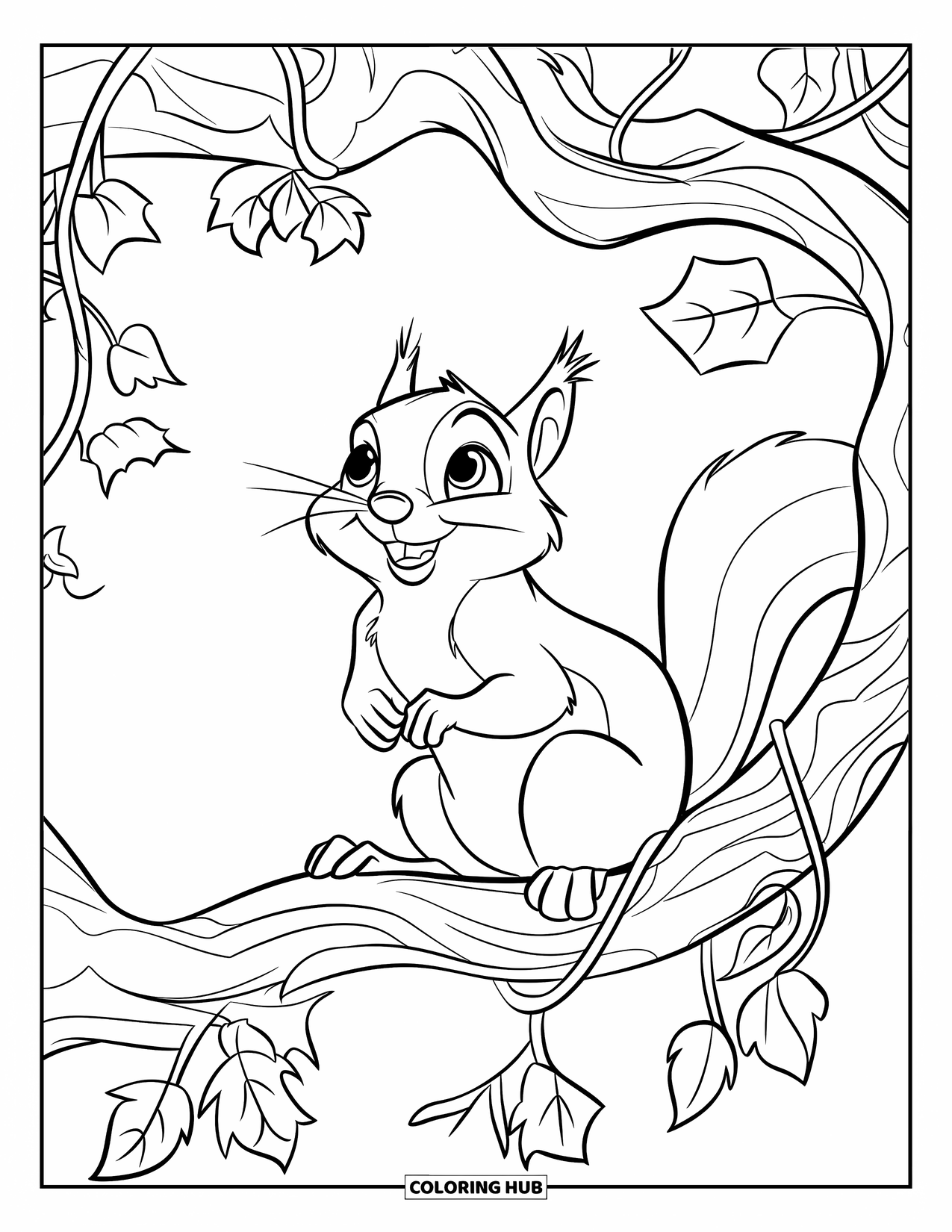 Squirrel Coloring Page for Kids: A wide-eyed squirrel looks up from a branch covered in ivy and leaves