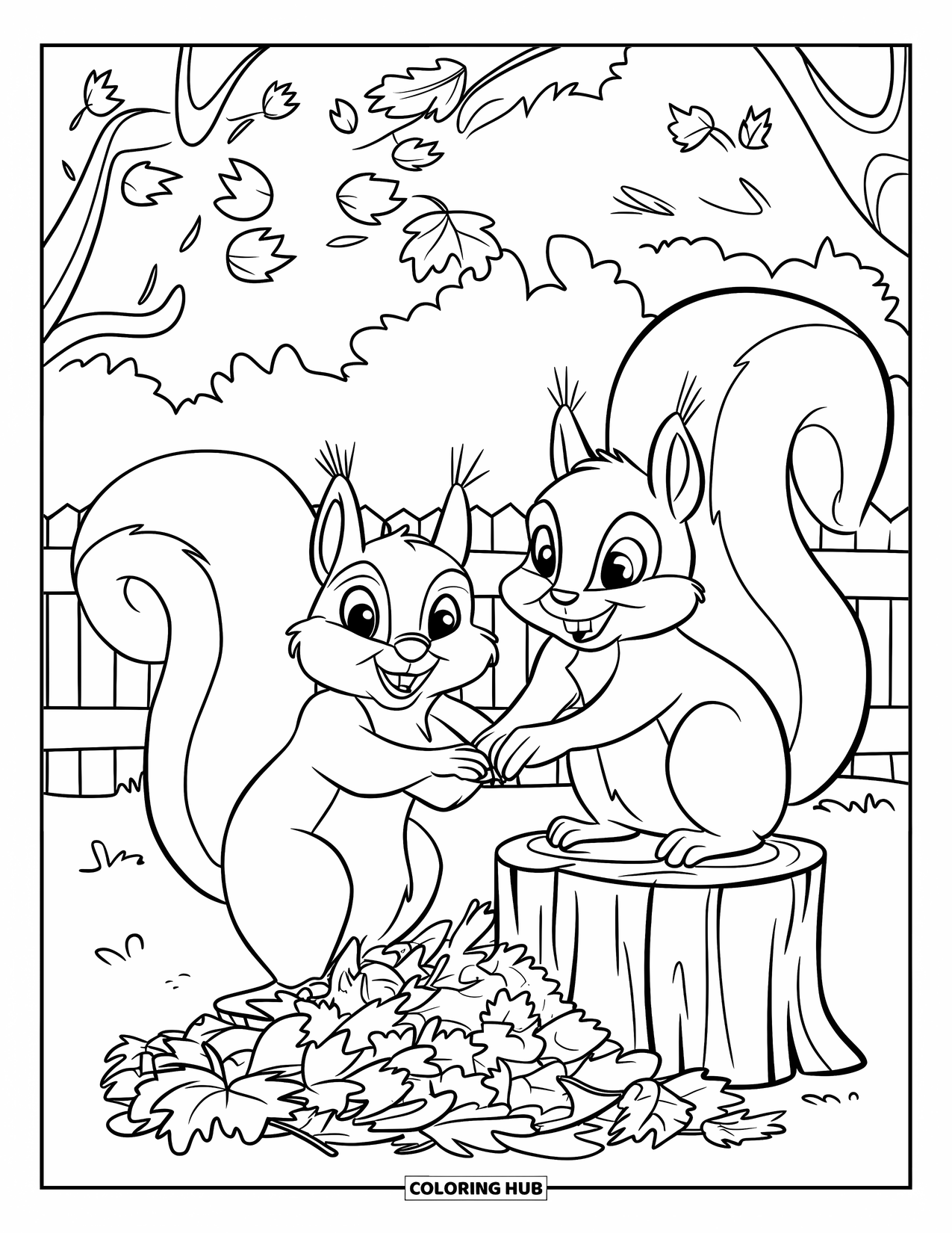Squirrel Coloring Page for Kids: Two squirrels play happily near a pile of crunchy autumn leaves