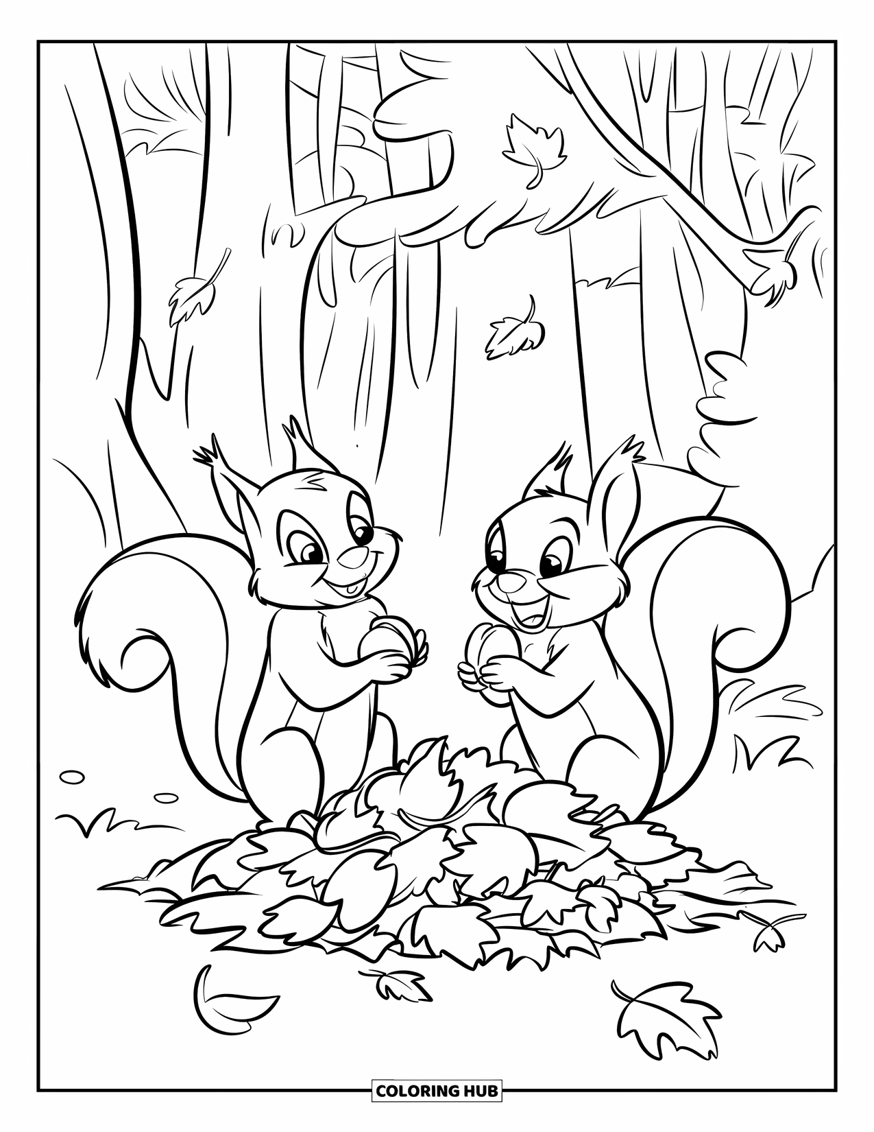 Squirrel Coloring Page for Kids: Two squirrels relax on a leaf pile, one holding a nut
