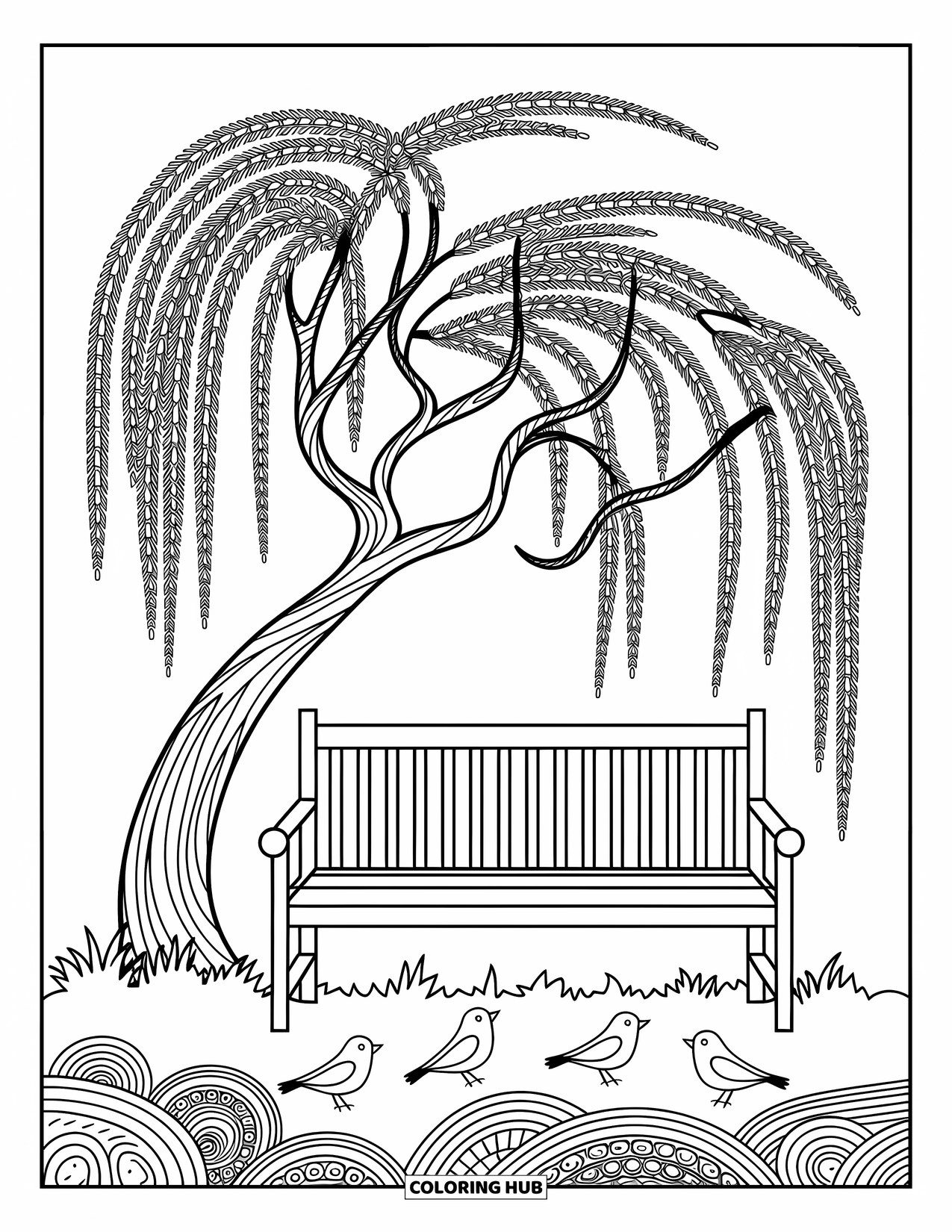 Stress Relief Coloring Page for Adults: A bench sits under a willow tree while birds perch among detailed leaves and vines
