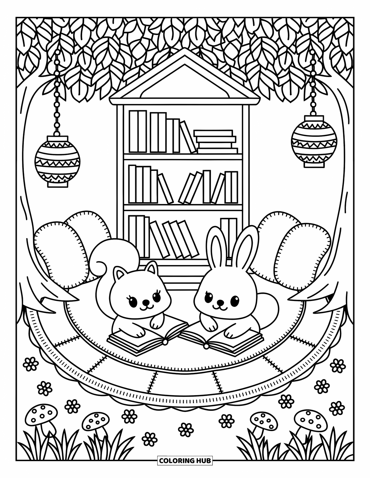 Stress Relief Coloring Page for Adults: A bunny and squirrel read books in a forest nook with lanterns and mushrooms