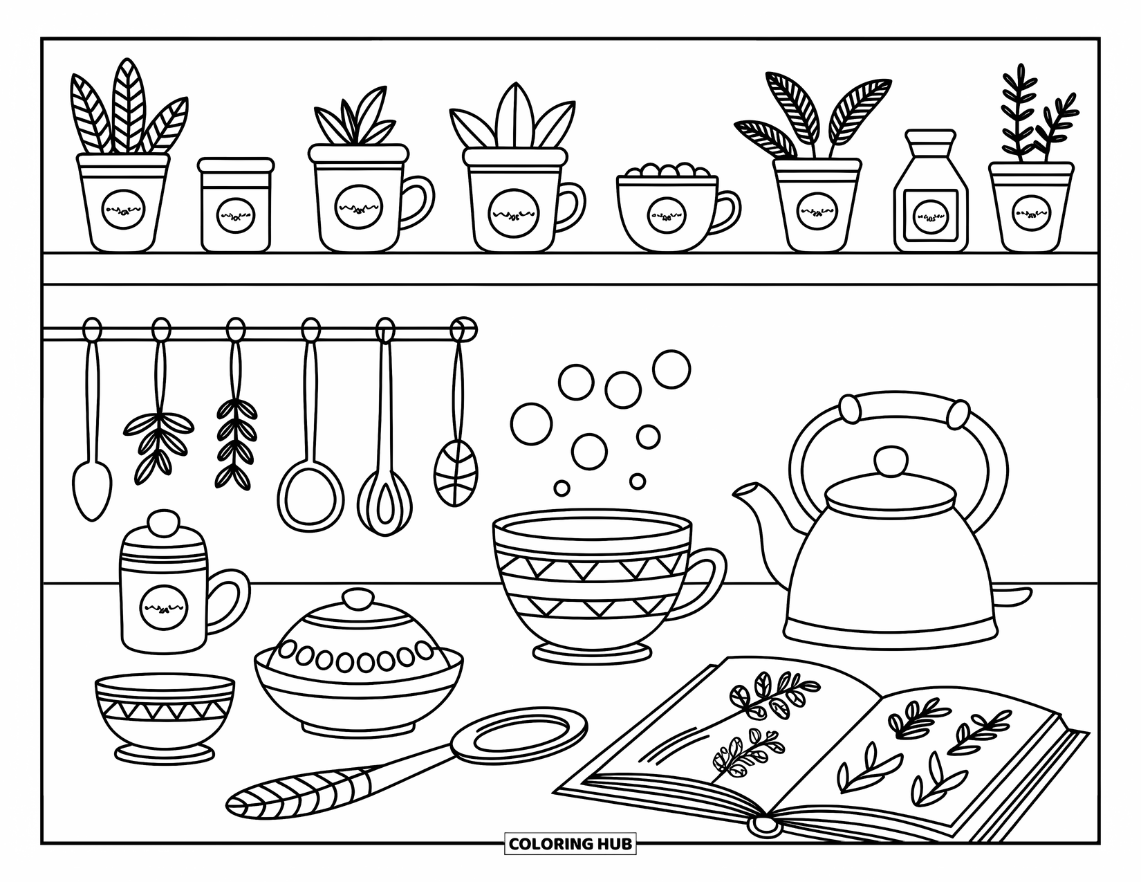 Stress Relief Coloring Page for Adults: A cozy kitchen filled with tiny herb jars, steaming kettle, and an open recipe book
