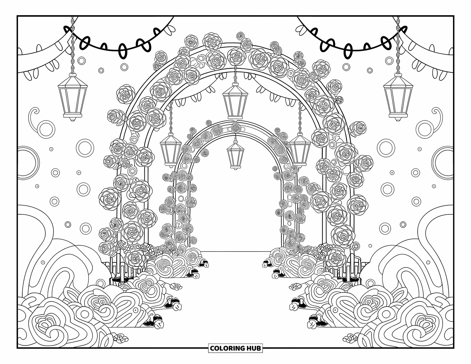 Stress Relief Coloring Page for Adults: A garden archway blooms with climbing roses and lanterns, framed by intricate floral patterns