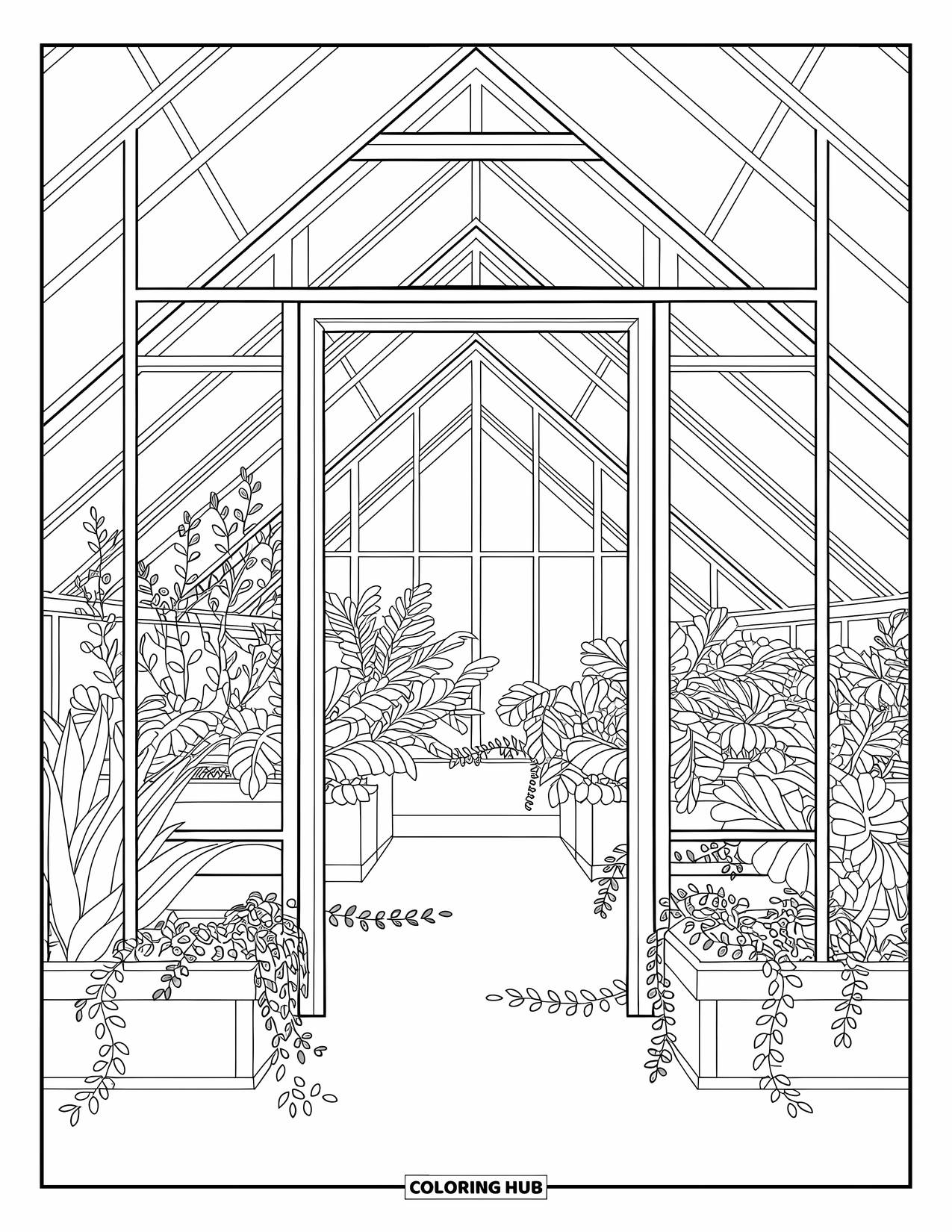 Stress Relief Coloring Page for Adults: A glass greenhouse brims with leafy plants, soft vines, and intricate background motifs