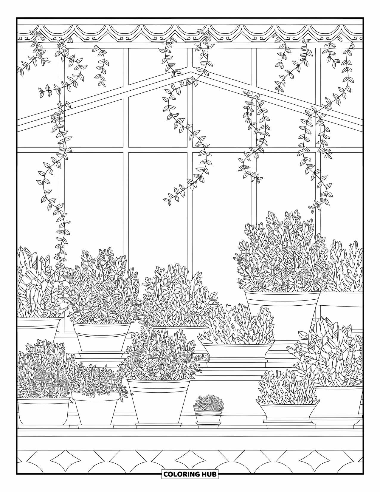 Stress Relief Coloring Page for Adults: A greenhouse overflows with potted plants, winding vines, and delicate decorative panels