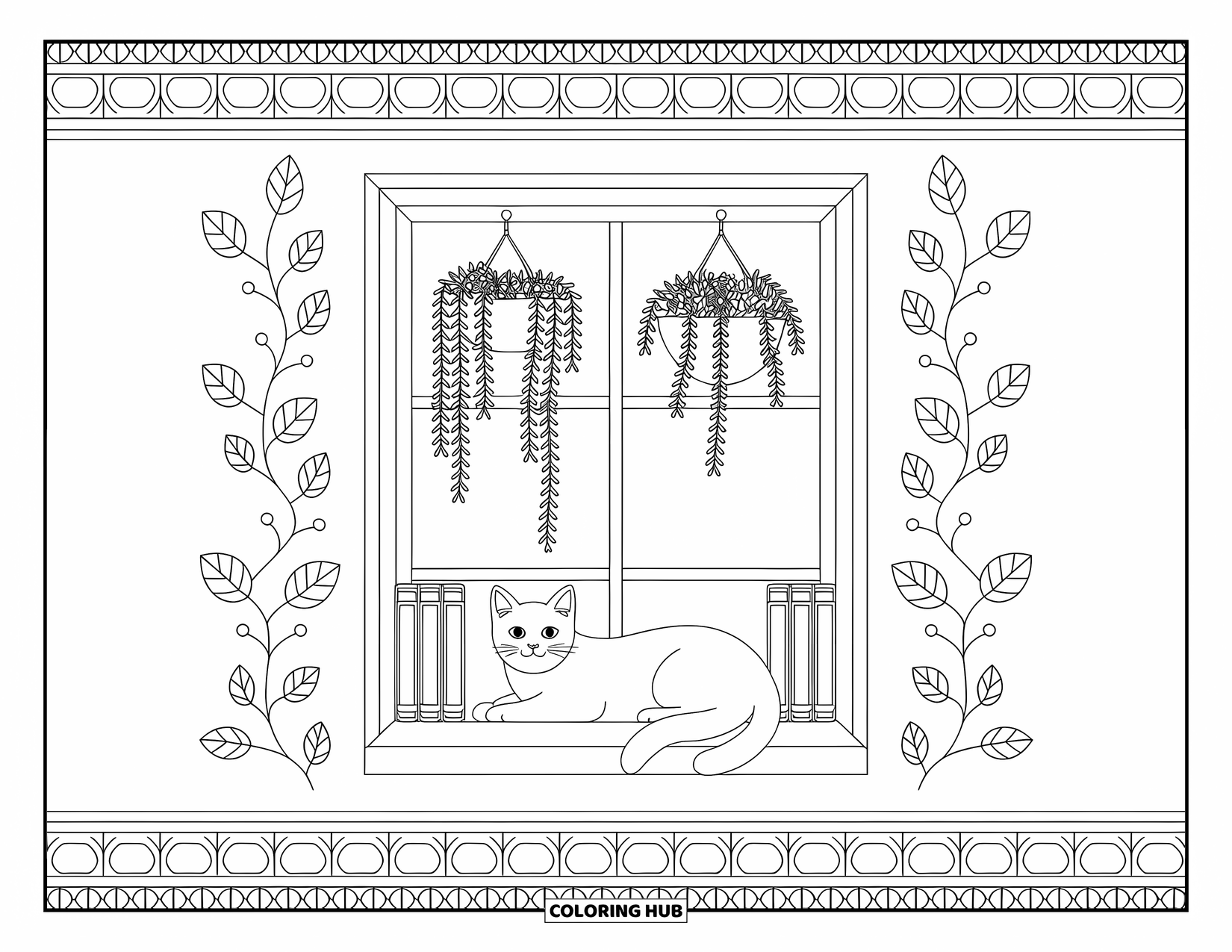 Stress Relief Coloring Page for Adults: A lounging cat rests by a window of hanging plants and patterned books