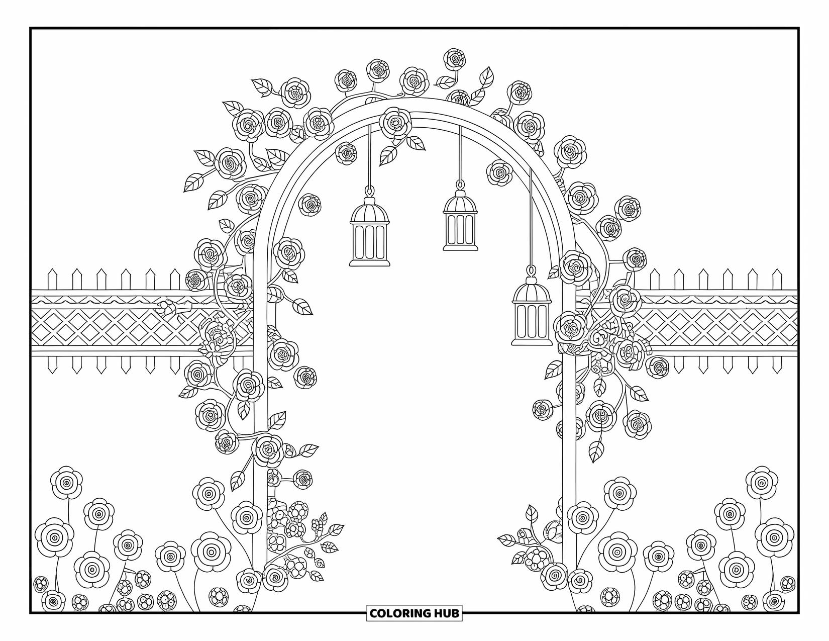 Stress Relief Coloring Page for Adults: A rose-wrapped garden arch with lanterns stands amid detailed, relaxing background patterns