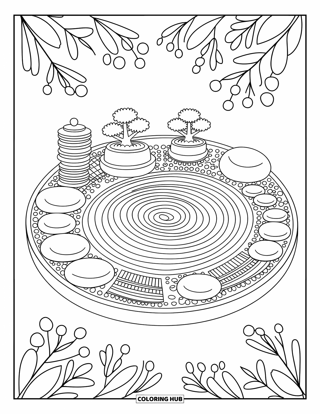 Stress Relief Coloring Page for Adults: A tabletop garden with raked spirals, stacked stones, and peaceful bonsai trees