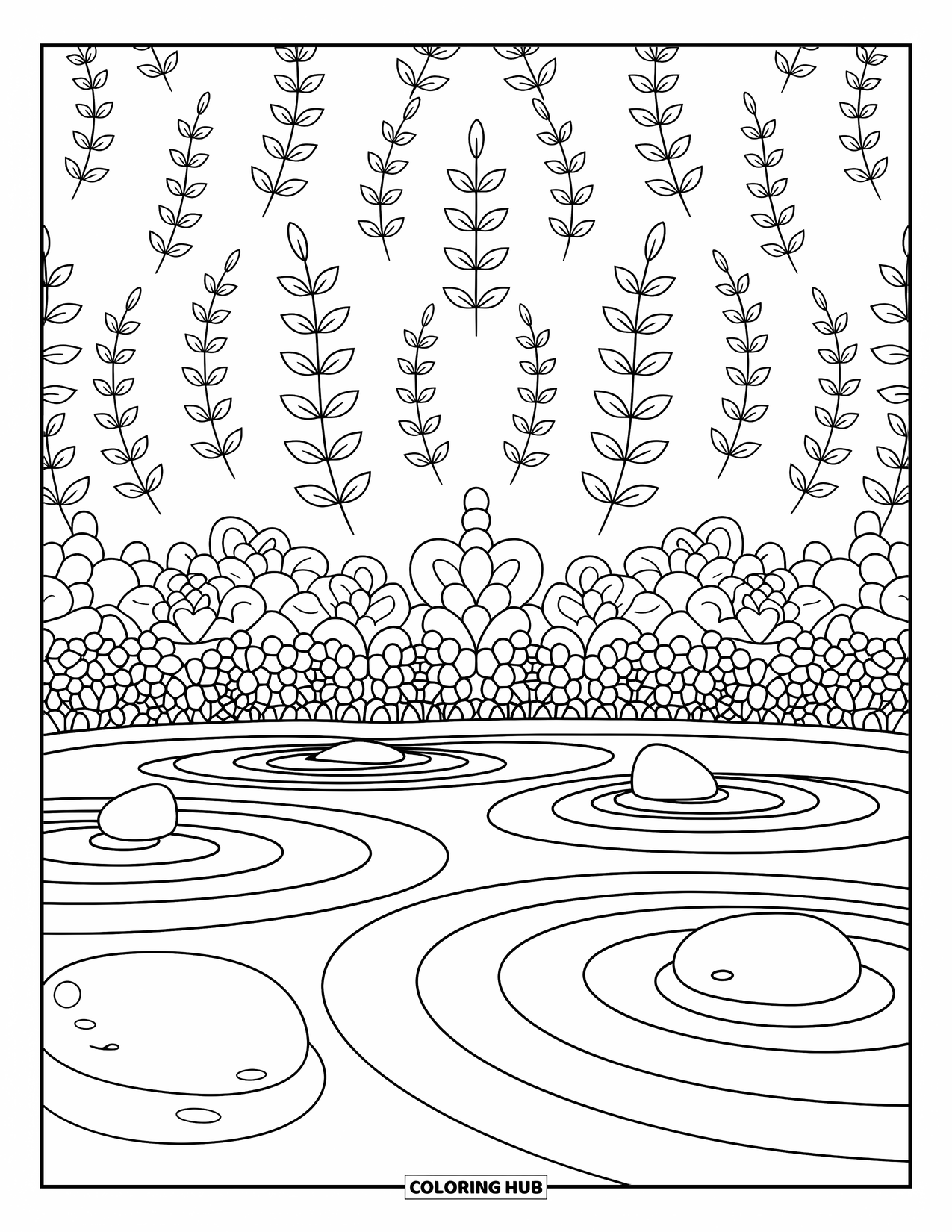Stress Relief Coloring Page for Adults: A tranquil zen garden features swirled sand, stones, and relaxing floral borders