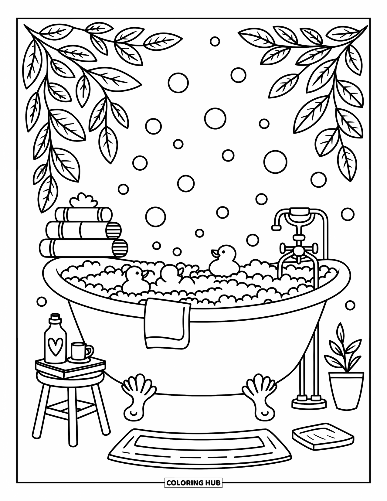 Stress Relief Coloring Page for Adults: A tub overflows with toys and bubbles, surrounded by cozy towels and leafy plants