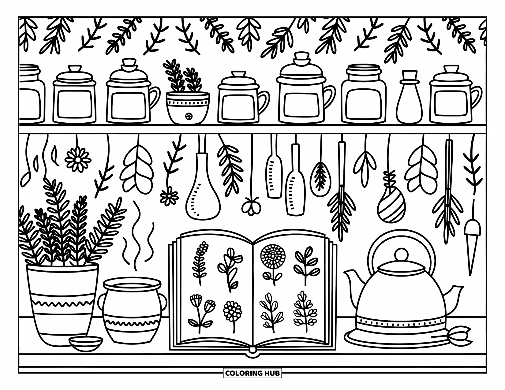 Stress Relief Coloring Page for Adults: A warm kitchen scene with teacups, herbs, steam, and a book full of plant sketches