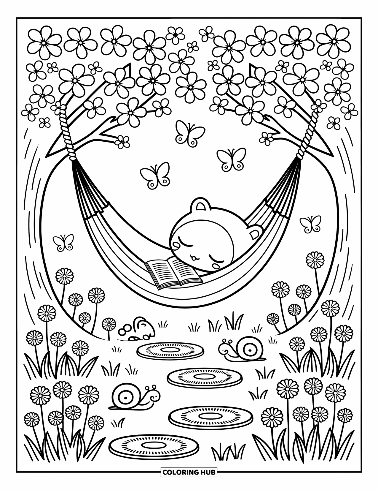 Stress Relief Coloring Page for Adults: Butterflies flutter while a cozy hammock holds a dreamy reader beneath flowering trees