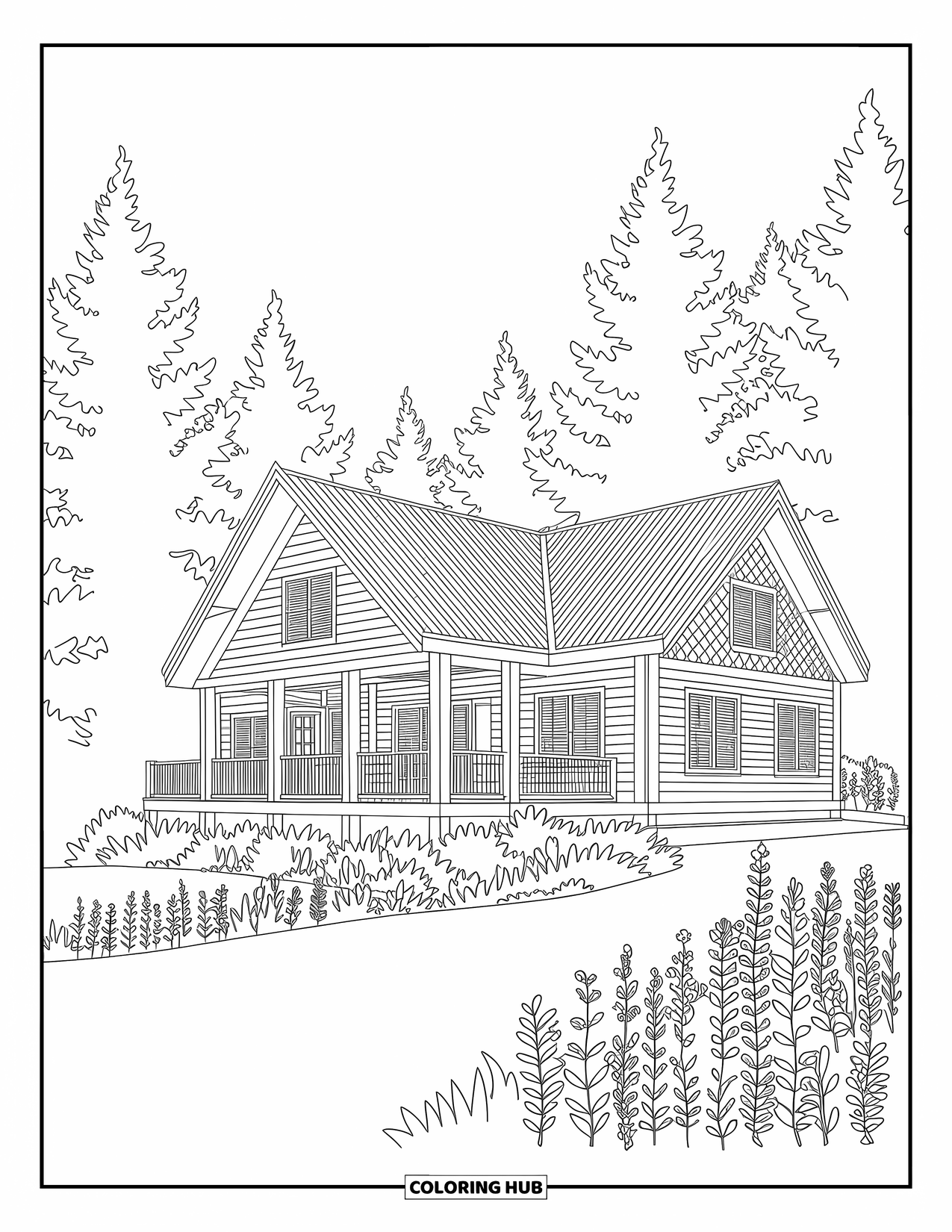 Stress Relief Coloring Page for Adults: Cabin in the woods stands among detailed wildflowers and soaring pine tree patterns