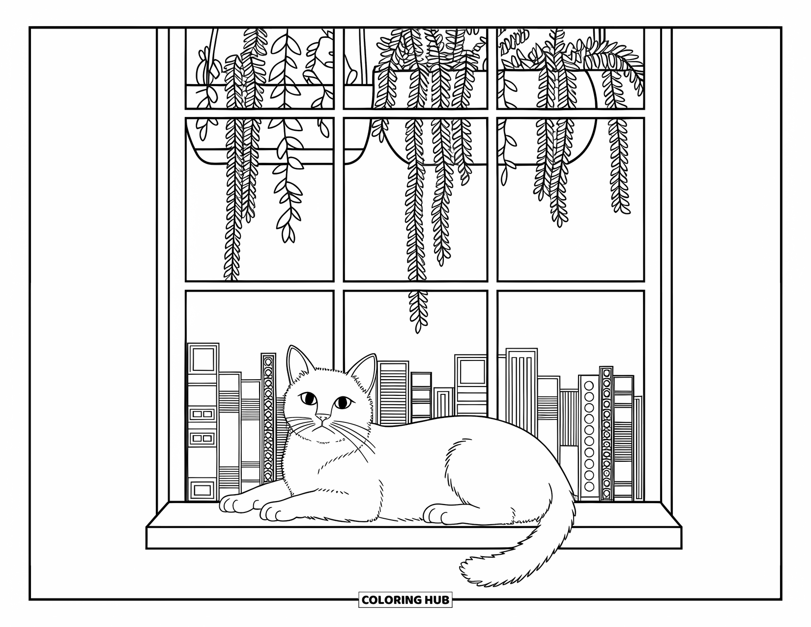 Stress Relief Coloring Page for Adults: Cat relaxes by a window filled with books, vines, and intricate leafy borders