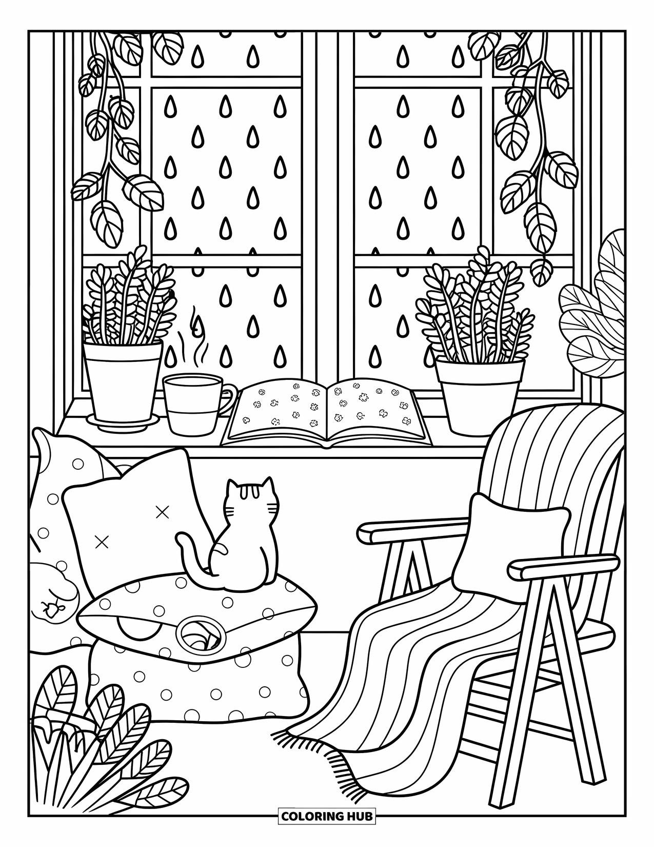 Stress Relief Coloring Page for Adults: Cozy cat gazes outside from a windowsill with tea, doodles, and pillows