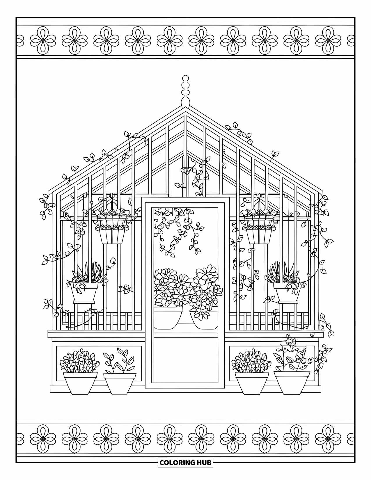Stress Relief Coloring Page for Adults: Hanging vines and lush plants fill a greenhouse framed by decorative floral patterns