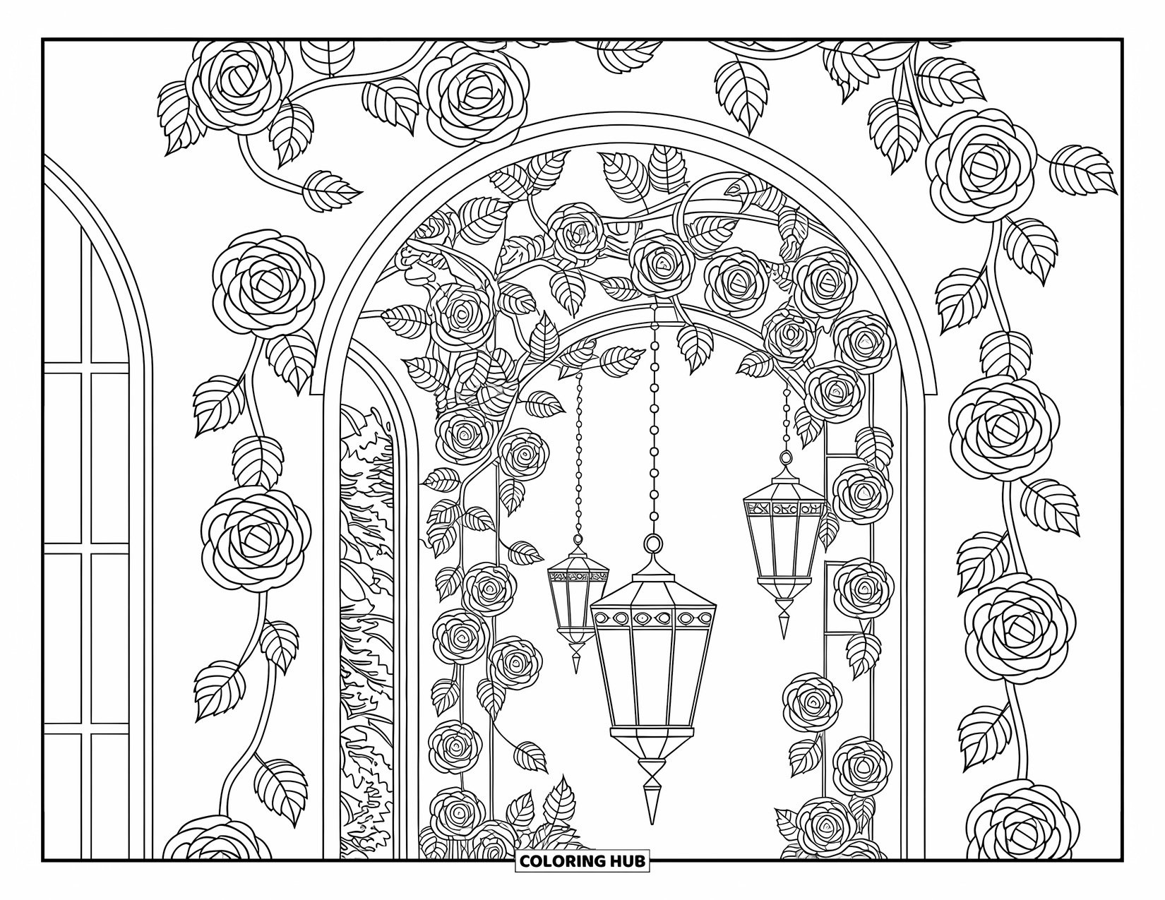 Stress Relief Coloring Page for Adults: Lanterns hang from a rose-covered arch in a richly patterned garden scene
