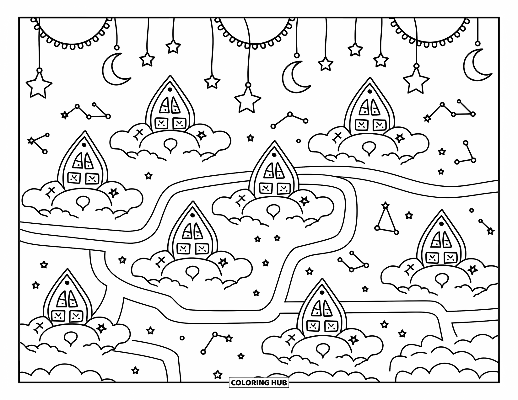 Stress Relief Coloring Page for Adults: Moon-shaped houses glow on fluffy clouds beneath twinkling stars and winding paths