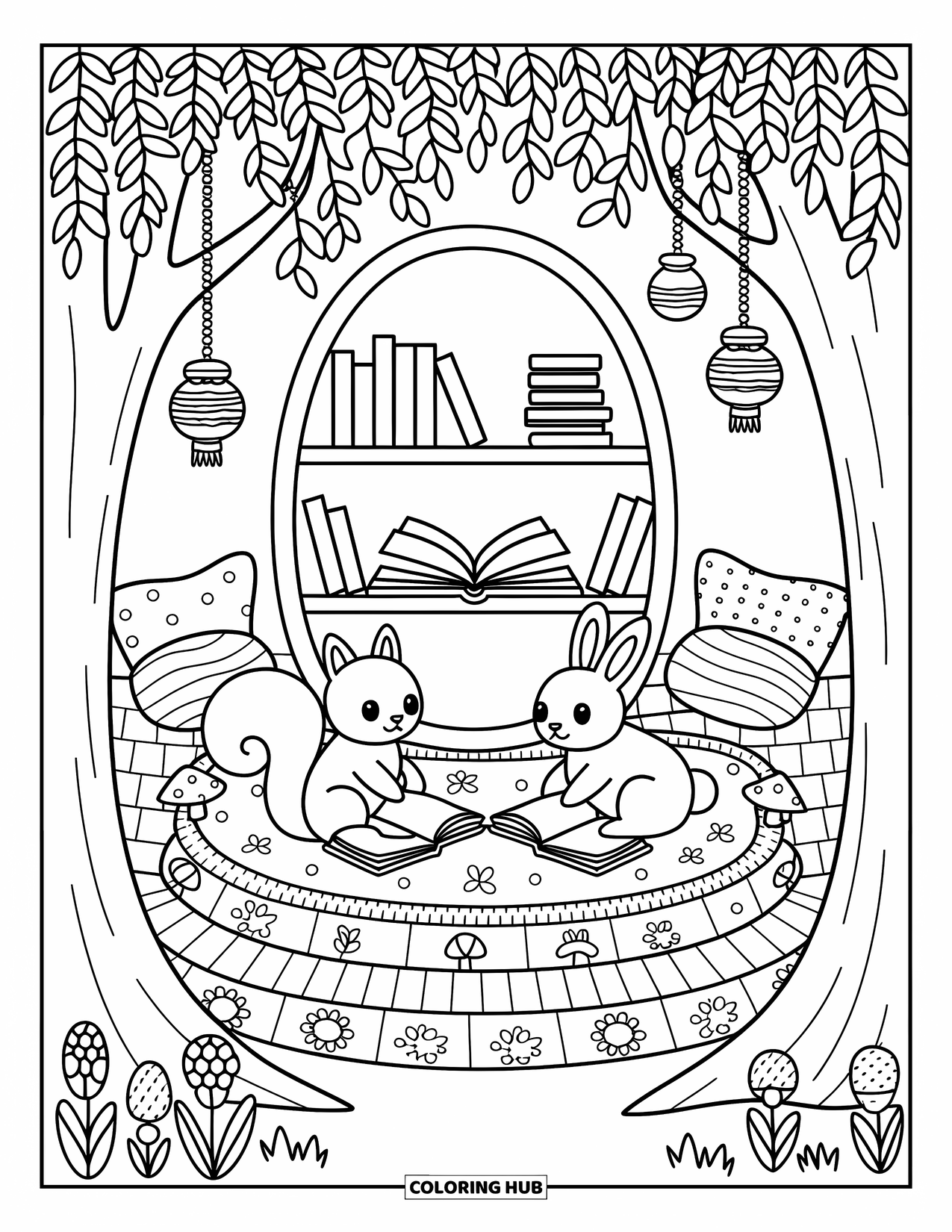 Stress Relief Coloring Page for Adults: Patchwork rugs and storybooks decorate a forest nook where animals cuddle and read