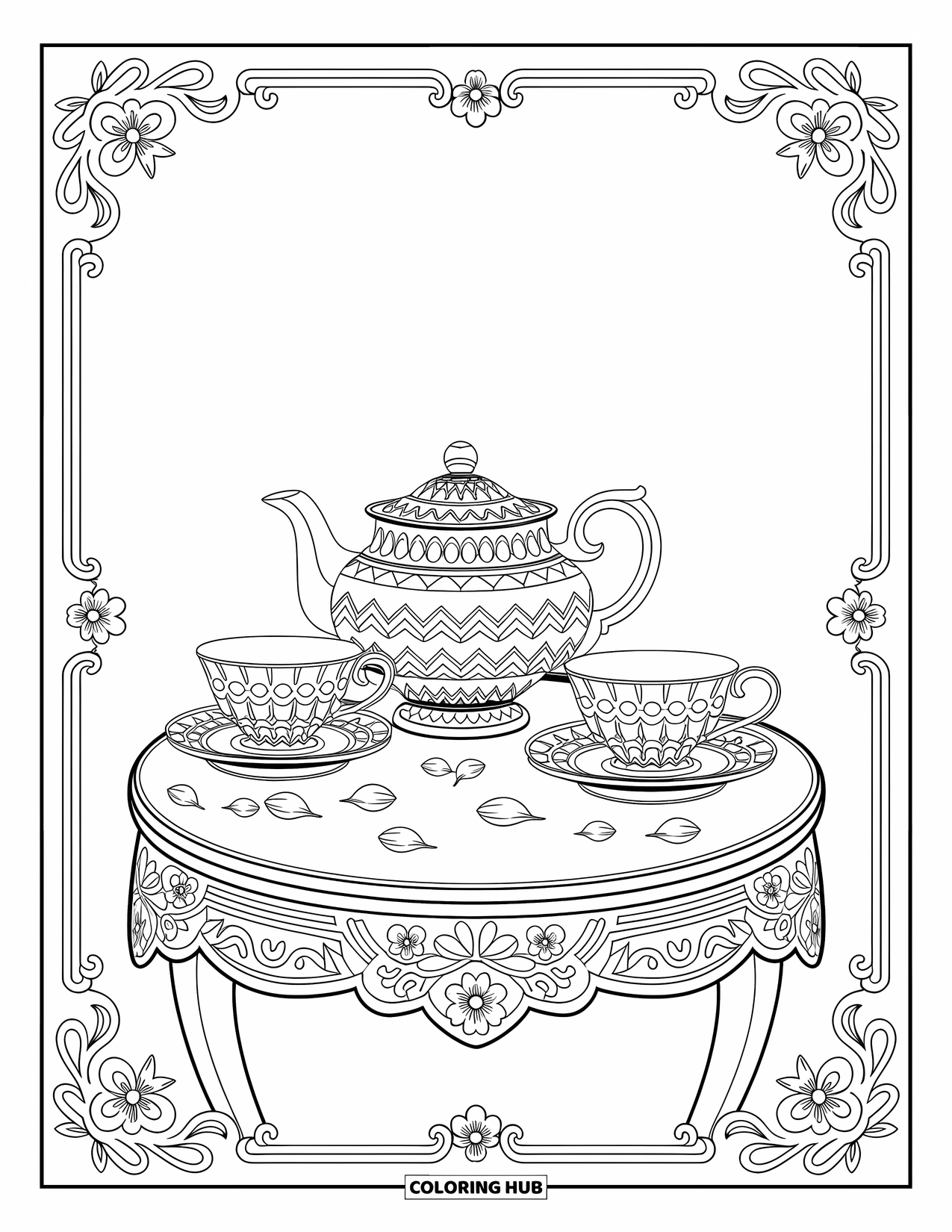 Stress Relief Coloring Page for Adults: Petals surround a vintage tea set atop a delicately designed wooden table
