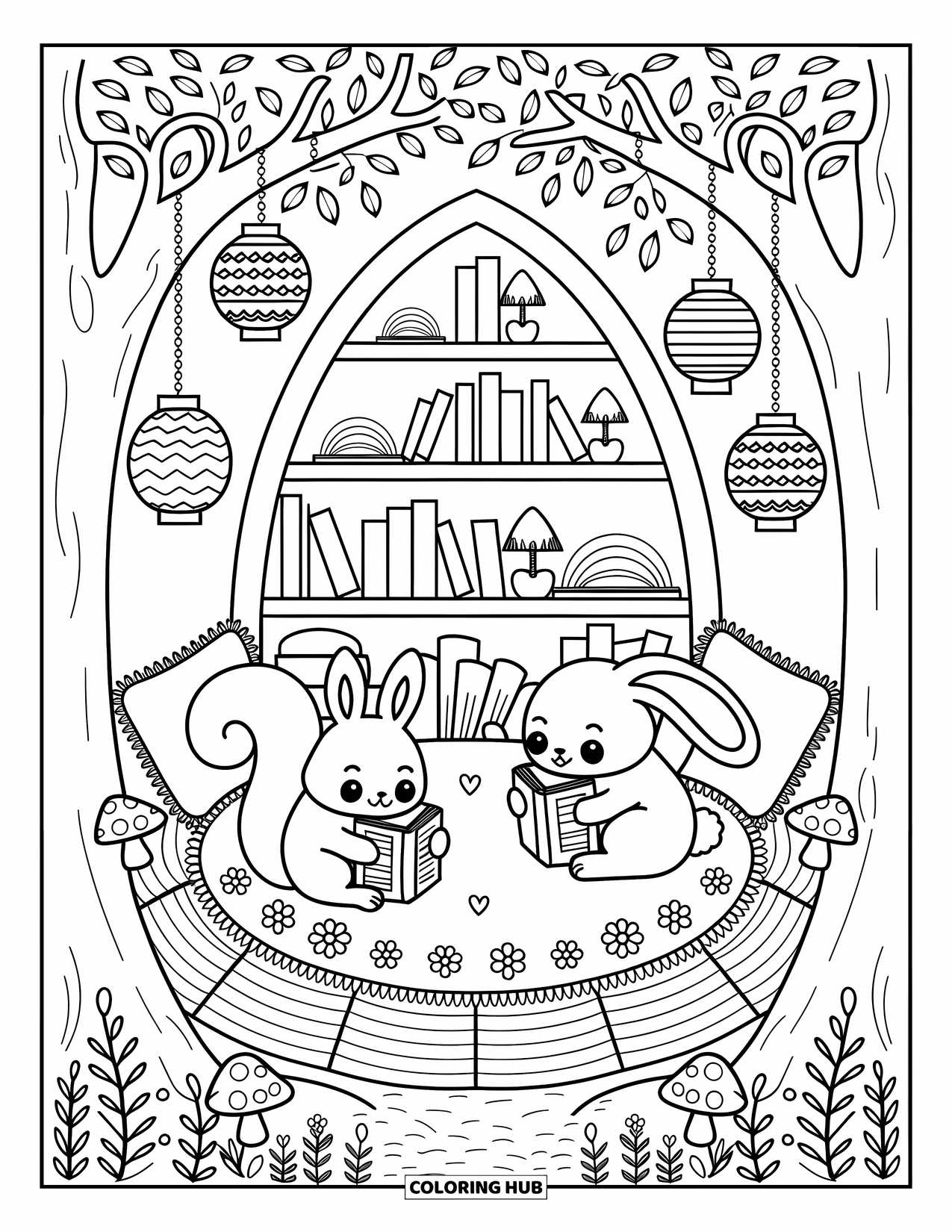 Stress Relief Coloring Page for Adults: Two woodland friends read on a rug beneath trees, bookshelves, and hanging lanterns