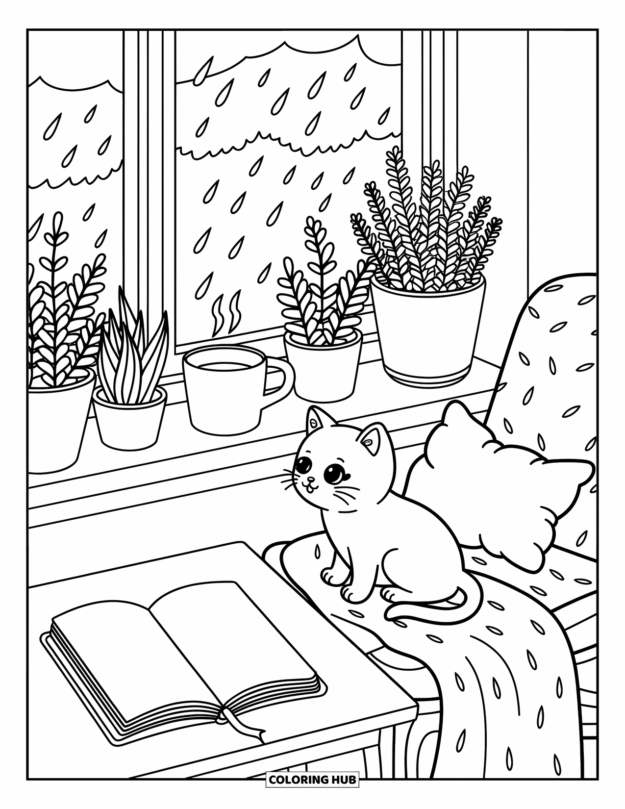 Stress Relief Coloring Page for Adults: Windowsill scene with tea, plants, and a cat enjoying the falling rain