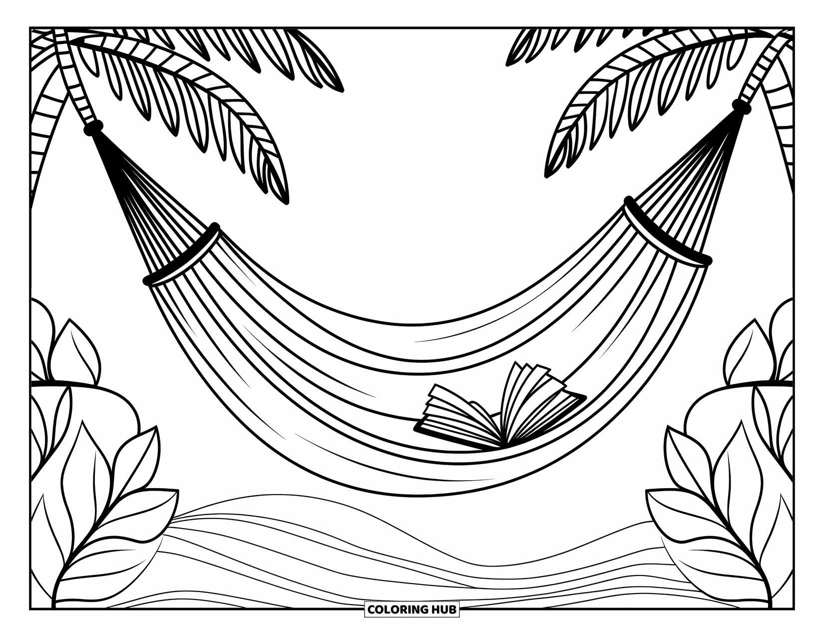 Stress Relief Coloring Page for Kids: A book rests by a hammock between tall, leafy palm trees
