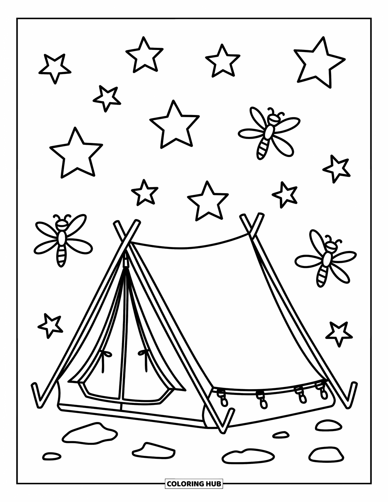 Stress Relief Coloring Page for Kids: A camper tent rests quietly under stars and floating fireflies