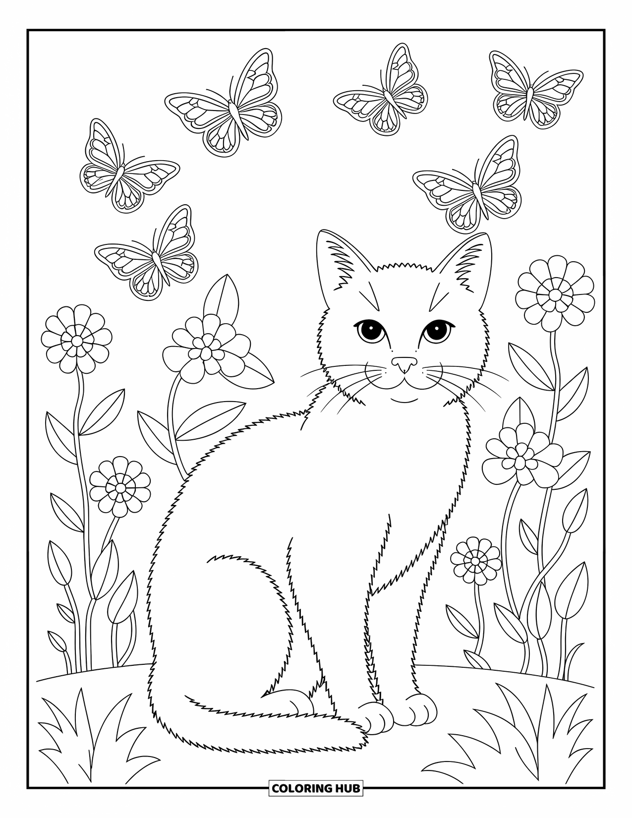 Stress Relief Coloring Page for Kids: A cat relaxes in a garden filled with butterflies