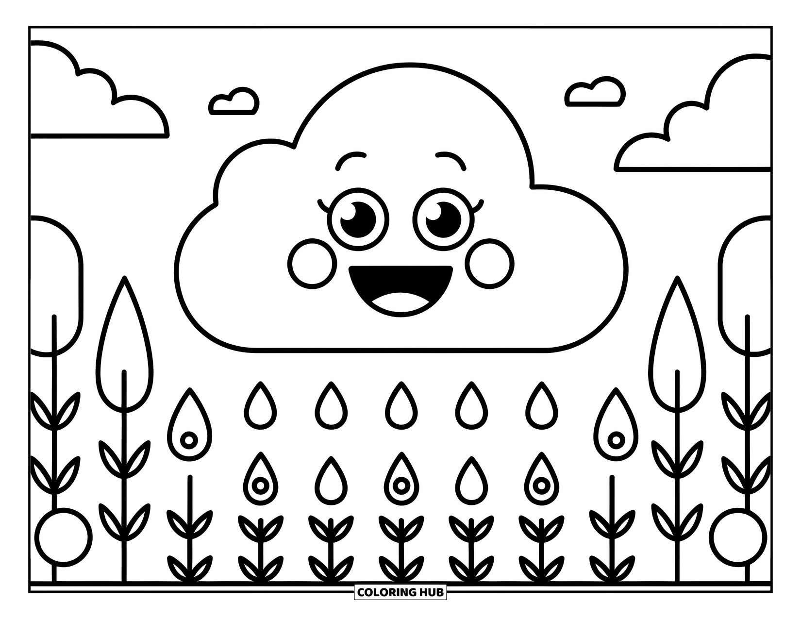 Stress Relief Coloring Page for Kids: A cheerful cloud sends raindrops to tiny garden sprouts