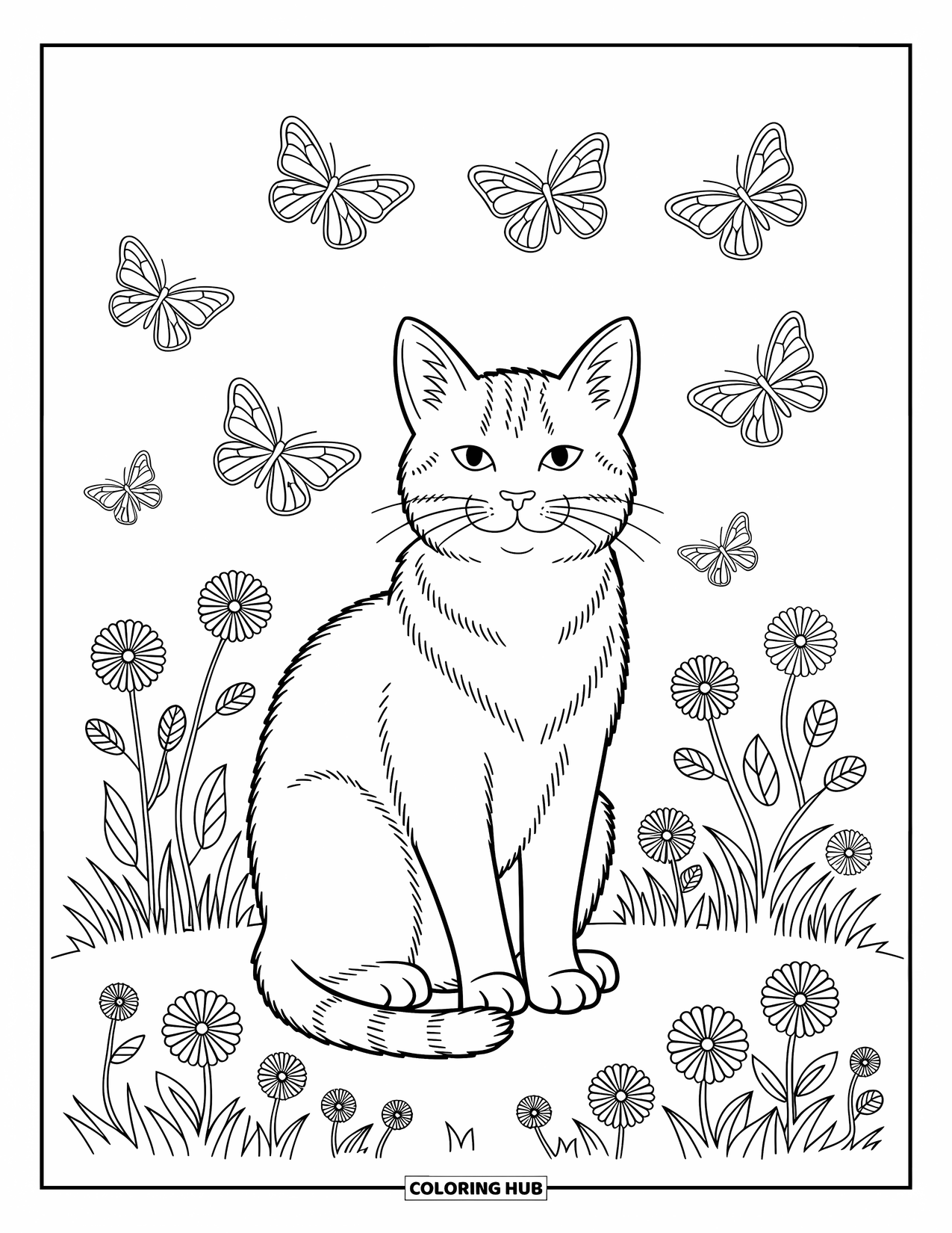 Stress Relief Coloring Page for Kids: A content cat watches butterflies in a blooming garden