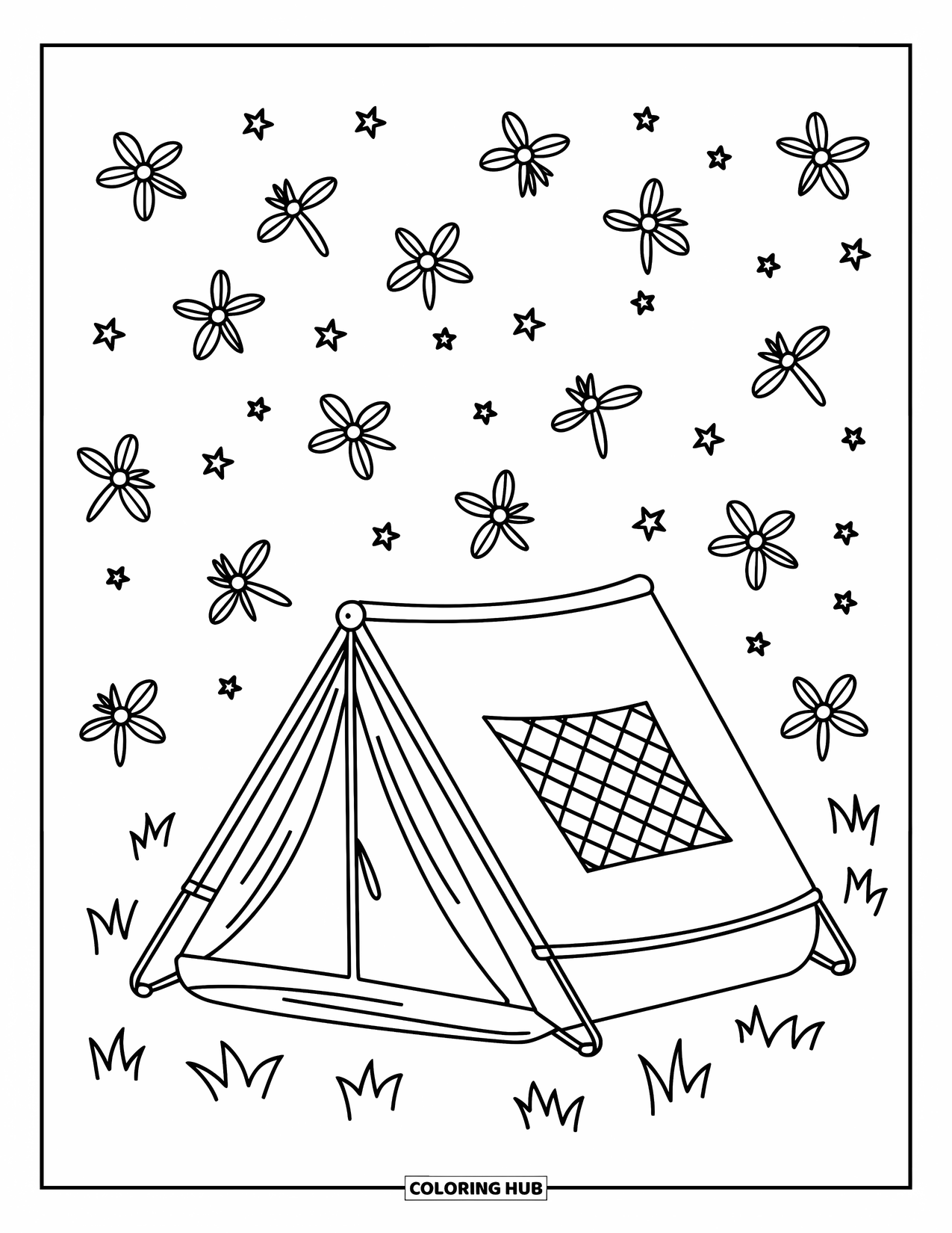 Stress Relief Coloring Page for Kids: A cozy tent glows beneath stars and twinkling fireflies