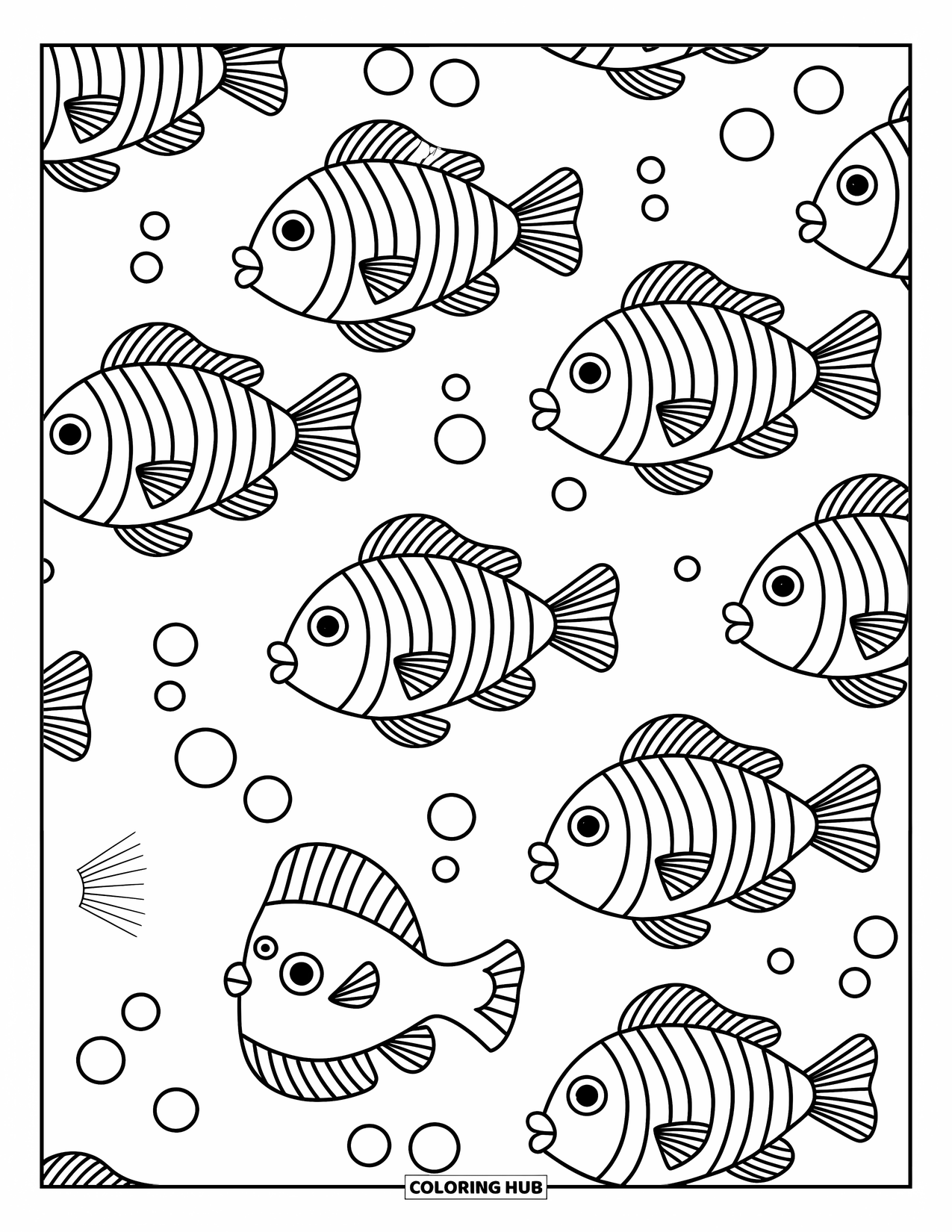 Stress Relief Coloring Page for Kids: A few friendly fish glide through bubbly, wavy water