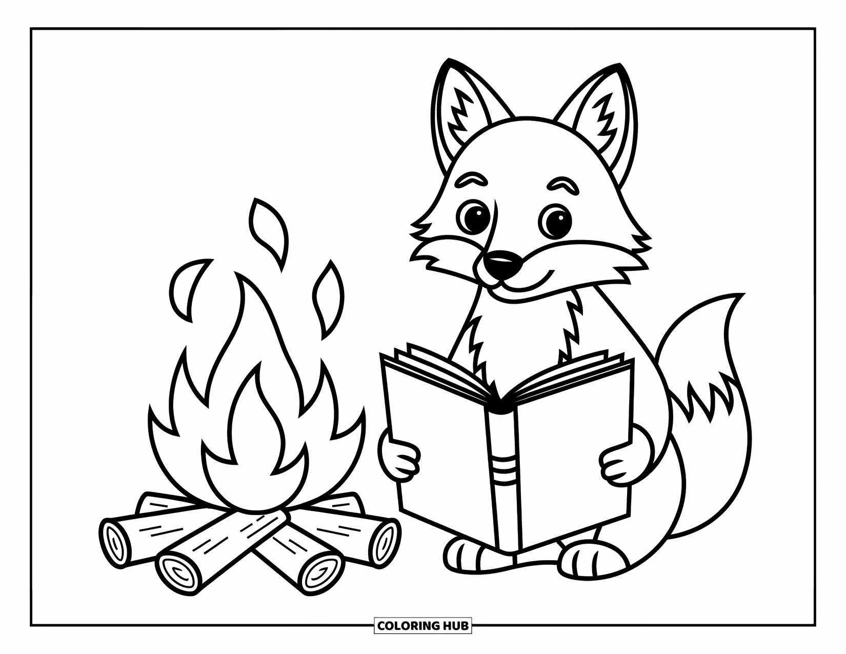 Stress Relief Coloring Page for Kids: A fox reads by a campfire under a quiet night sky