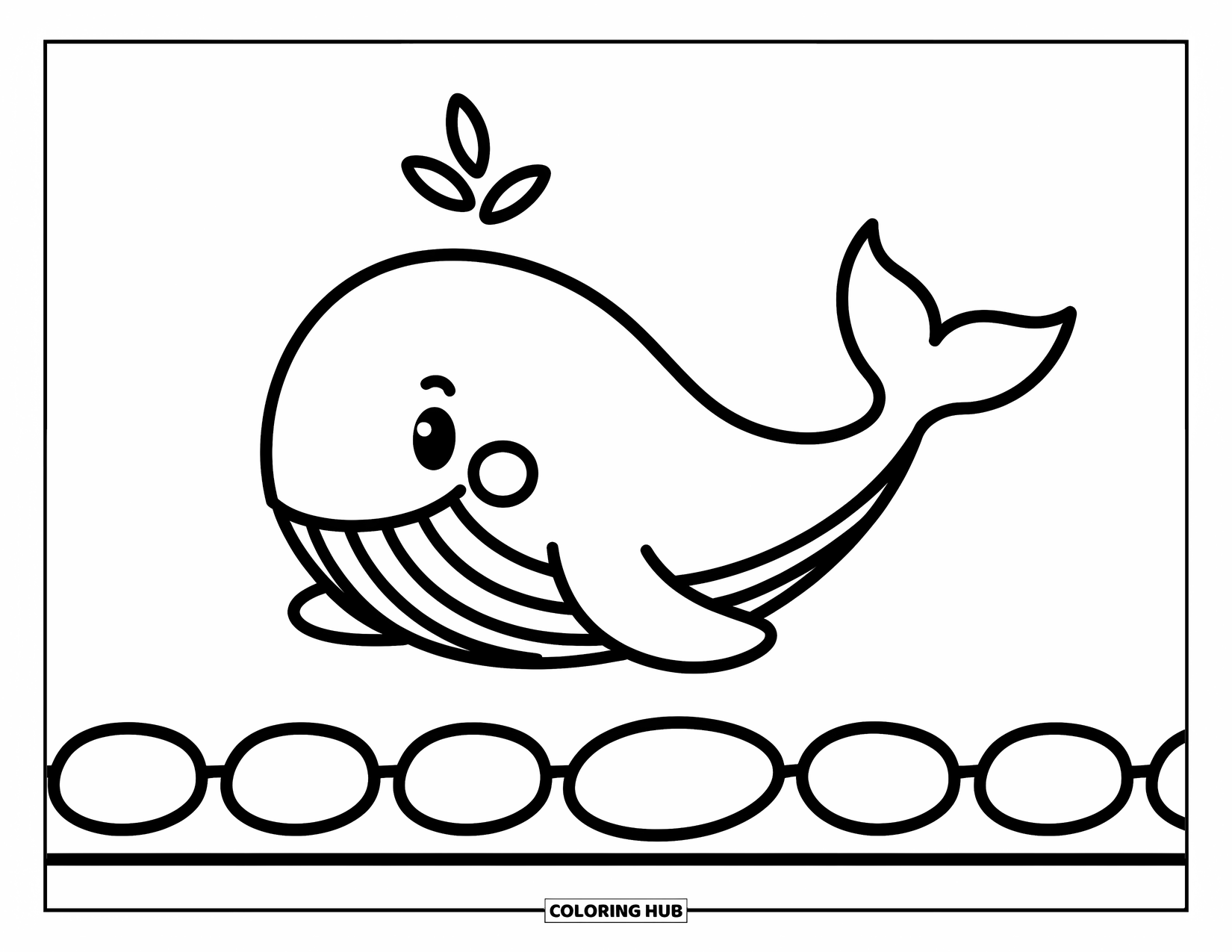 Stress Relief Coloring Page for Kids: A friendly whale floats above soft, gentle ocean waves