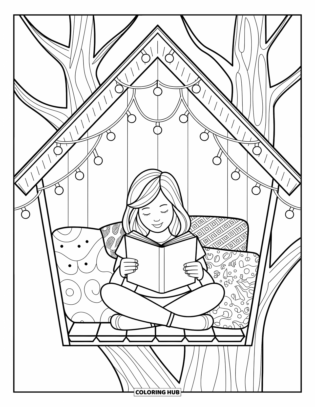 Stress Relief Coloring Page for Kids: A girl reads inside a treehouse strung with fairy lights
