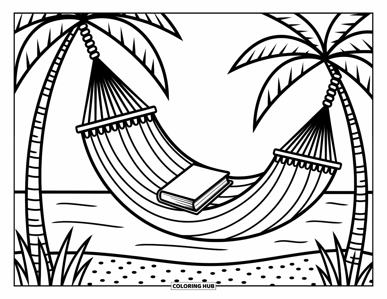 Stress Relief Coloring Page for Kids: A hammock and book rest under palm trees with waves nearby