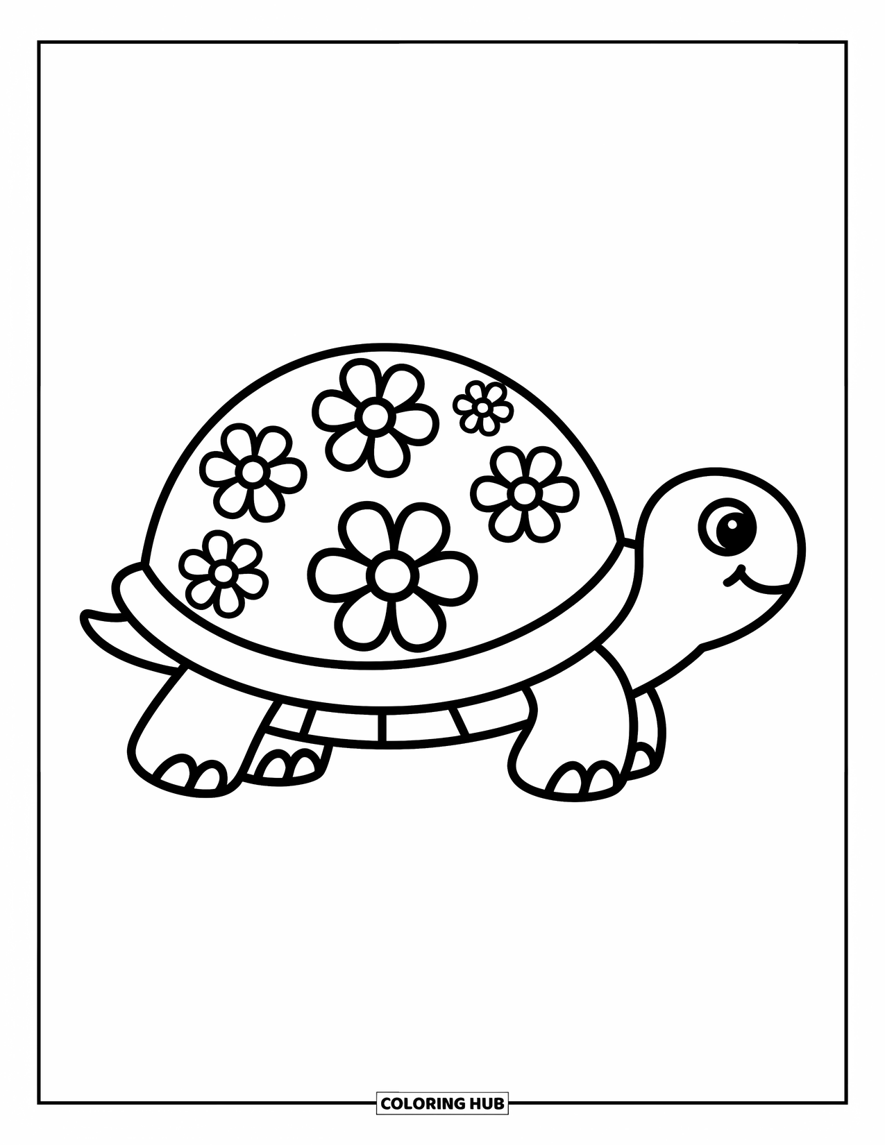 Stress Relief Coloring Page for Kids: A happy turtle strolls with little flowers blooming across its round shell