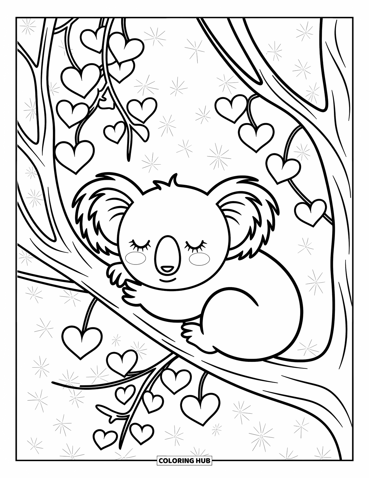 Stress Relief Coloring Page for Kids: A koala naps on a eucalyptus branch with heart-shaped leaves