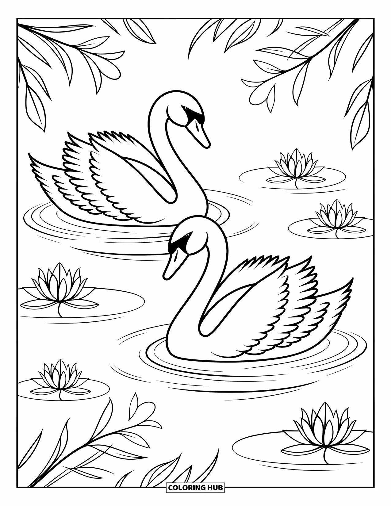 Stress Relief Coloring Page for Kids: A pair of swans float together through lilies in a pond
