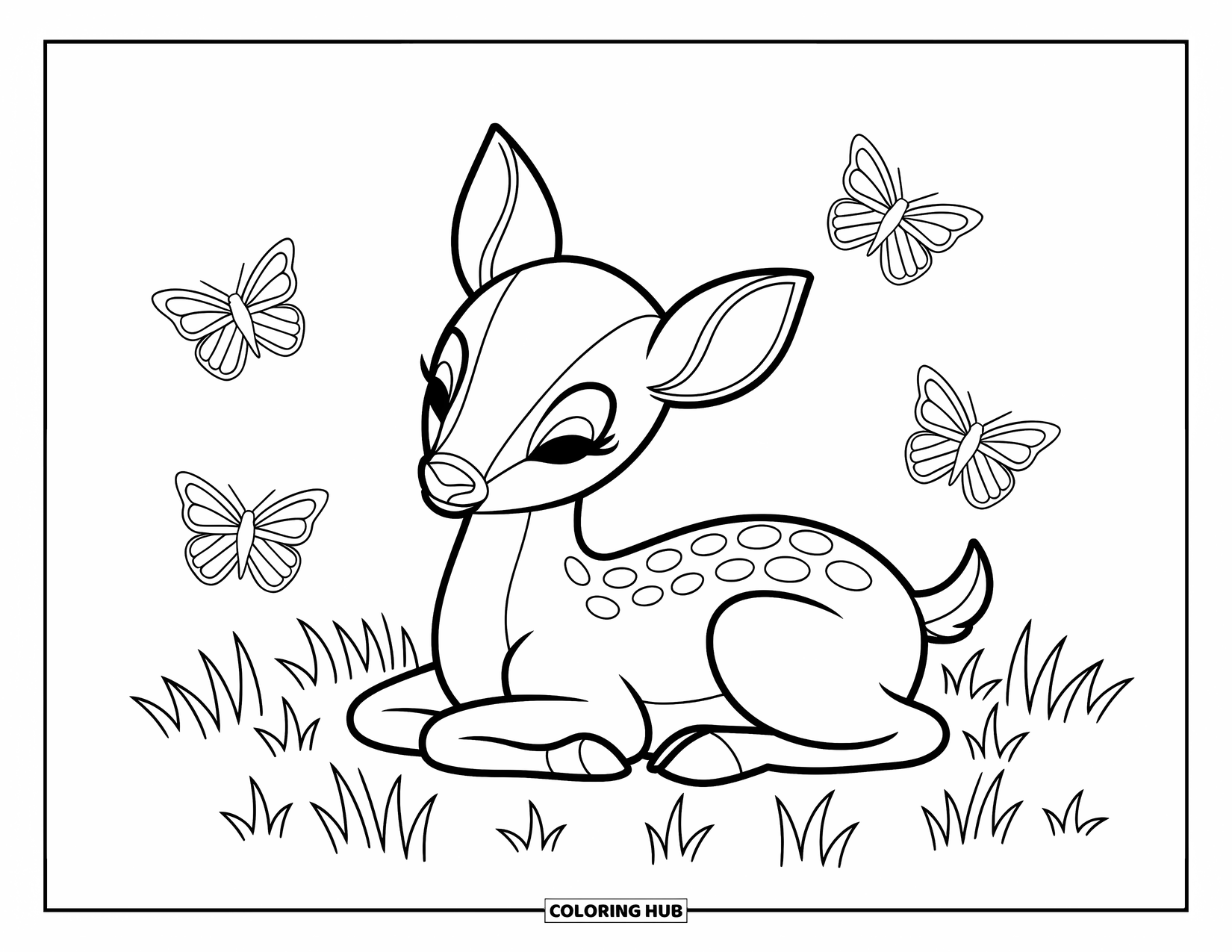 Stress Relief Coloring Page for Kids: A peaceful baby deer lies among butterflies in the field
