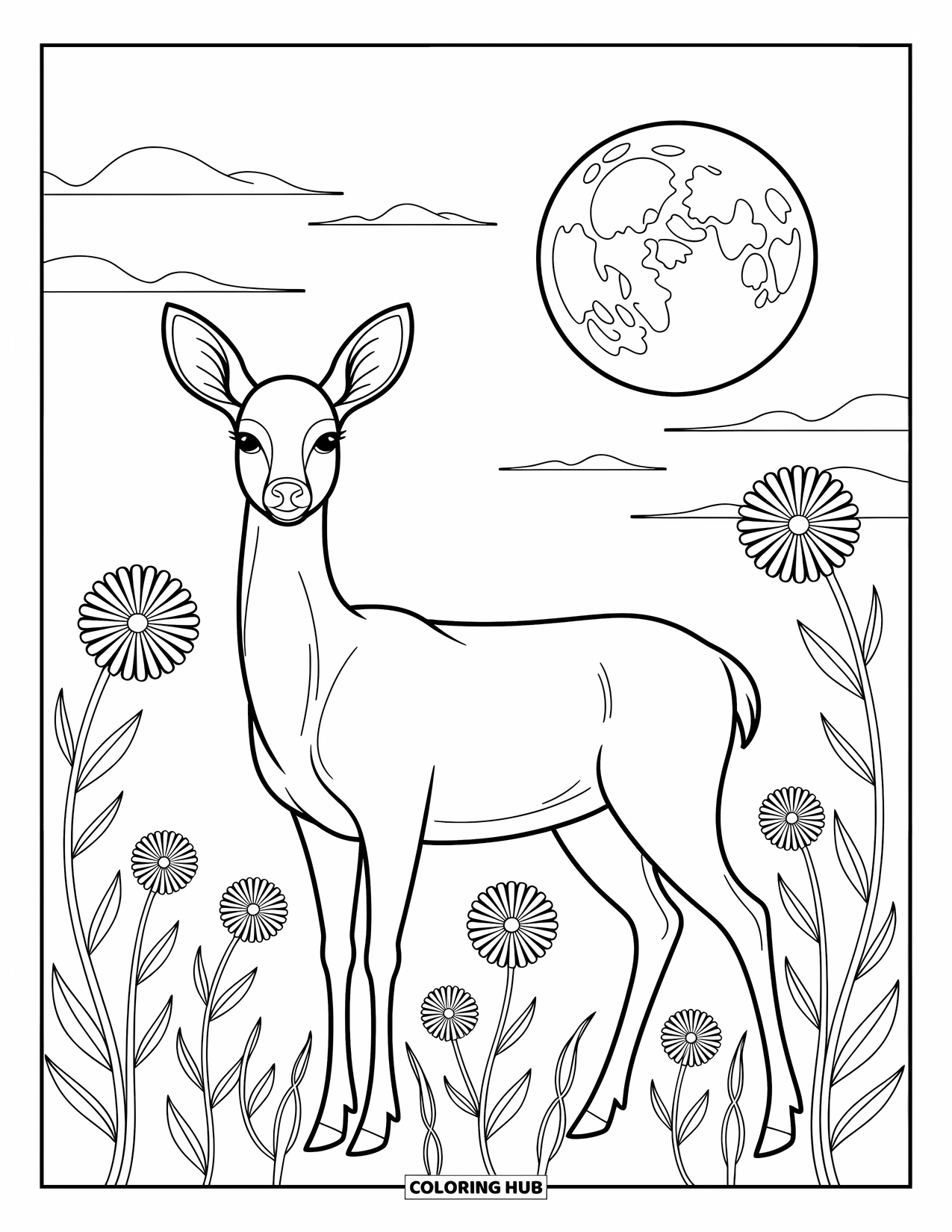 Stress Relief Coloring Page for Kids: A peaceful deer stands among flowers under a glowing moon