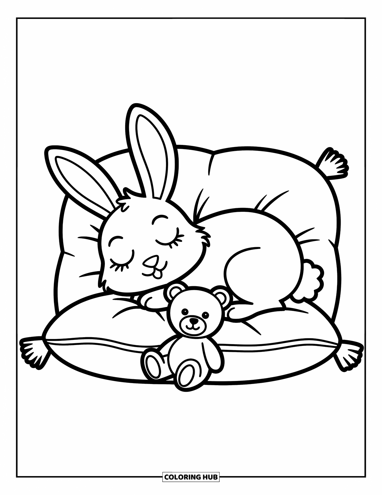 Stress Relief Coloring Page for Kids: A resting bunny snuggles with a tiny teddy bear