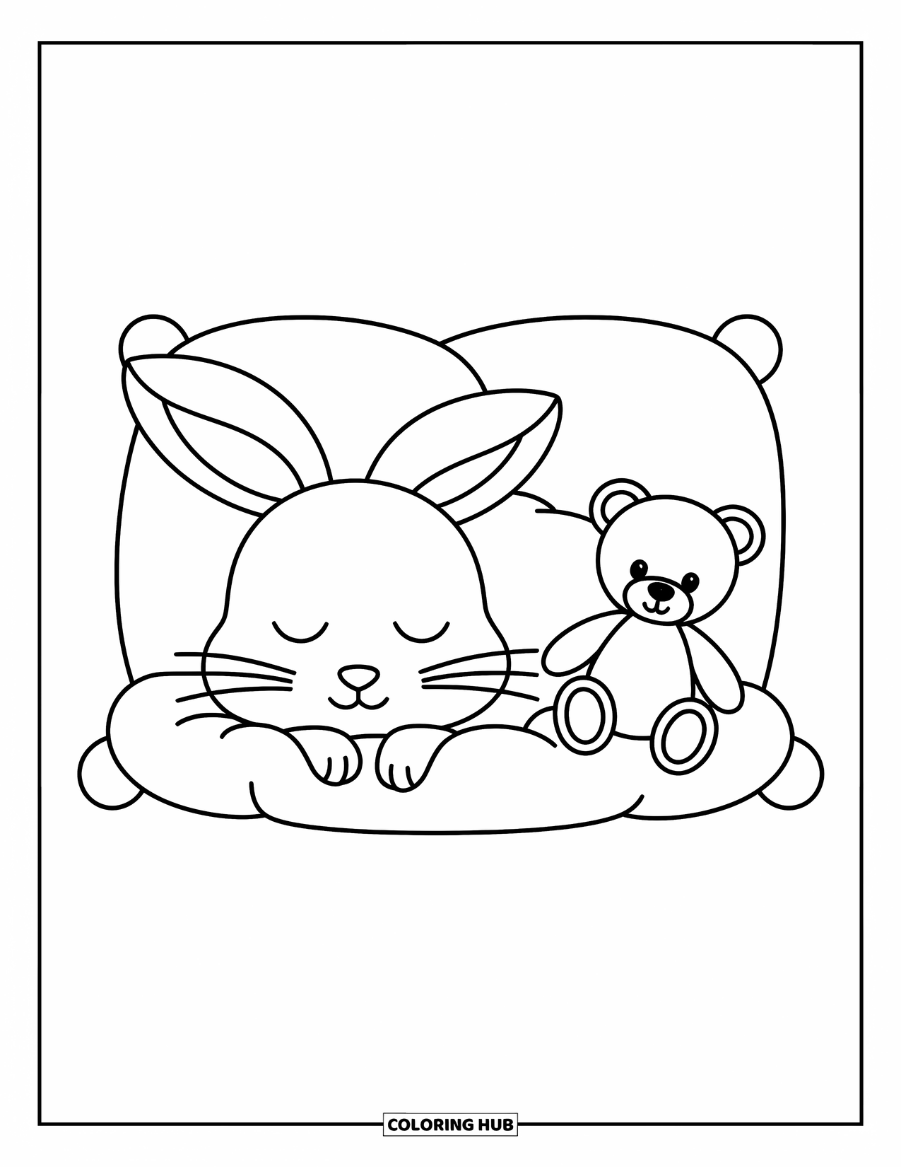 Stress Relief Coloring Page for Kids: A sleepy bunny cuddles a teddy on a cushion