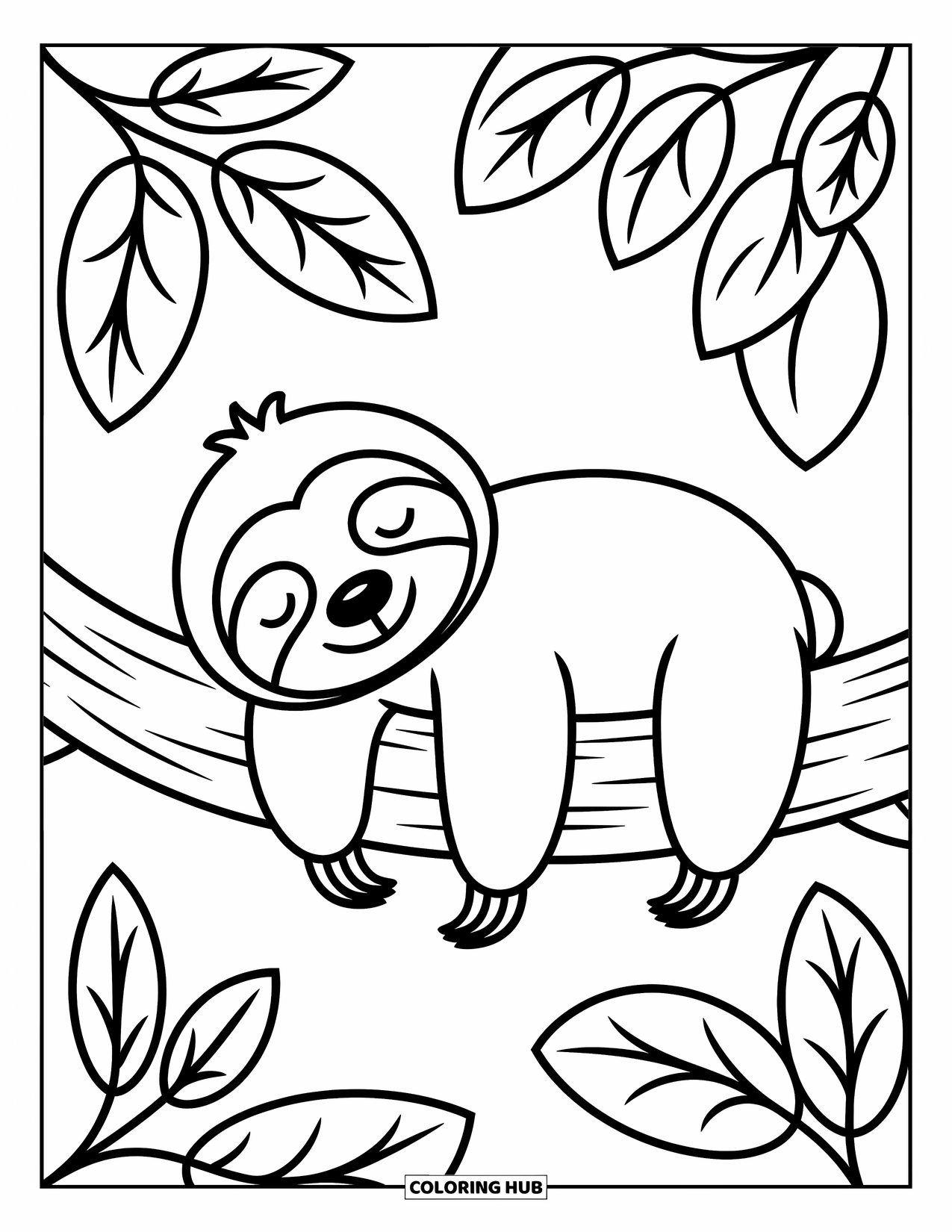 Stress Relief Coloring Page for Kids: A sleepy sloth curls up on a tree branch under big leaves