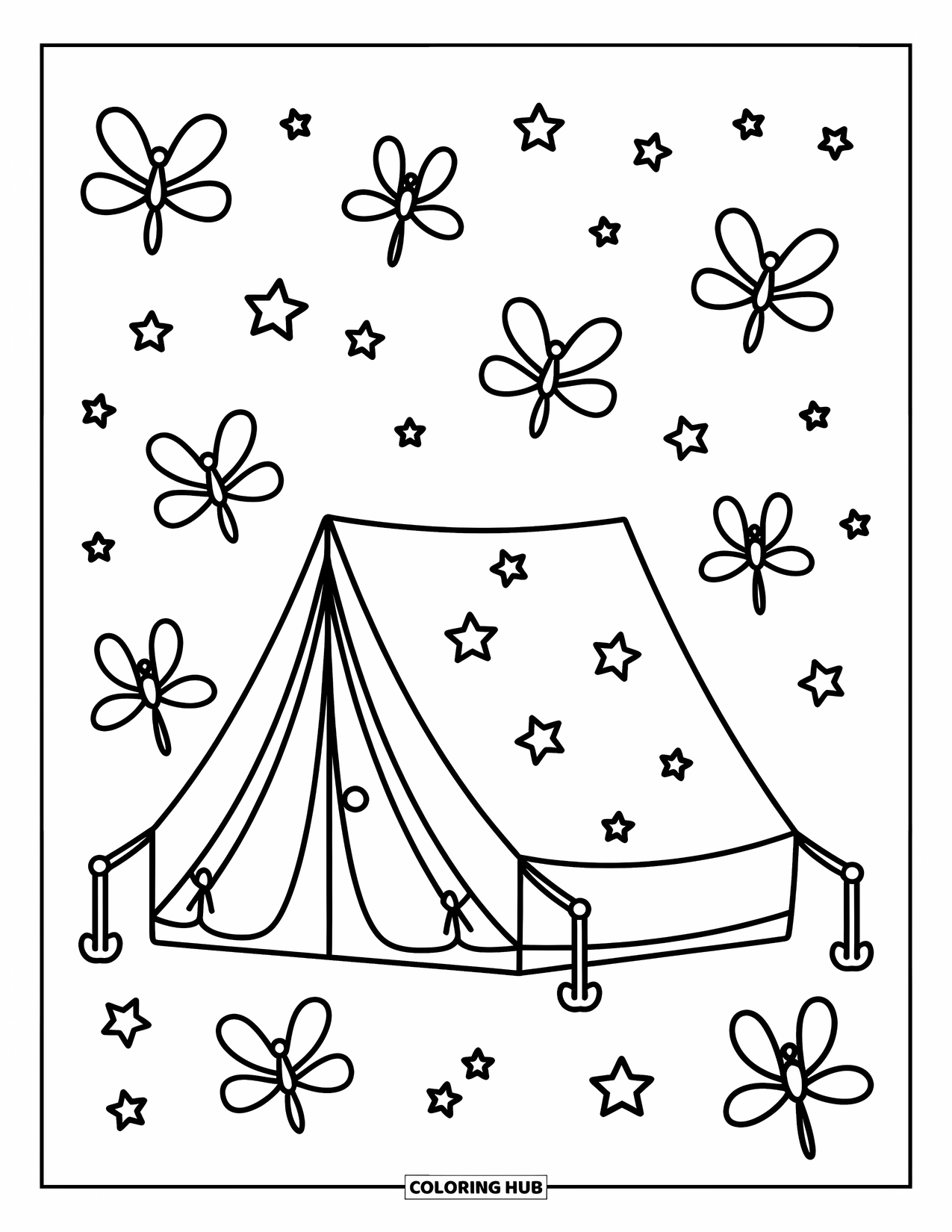 Stress Relief Coloring Page for Kids: A starry night surrounds a tent with zippers and twinkling lights