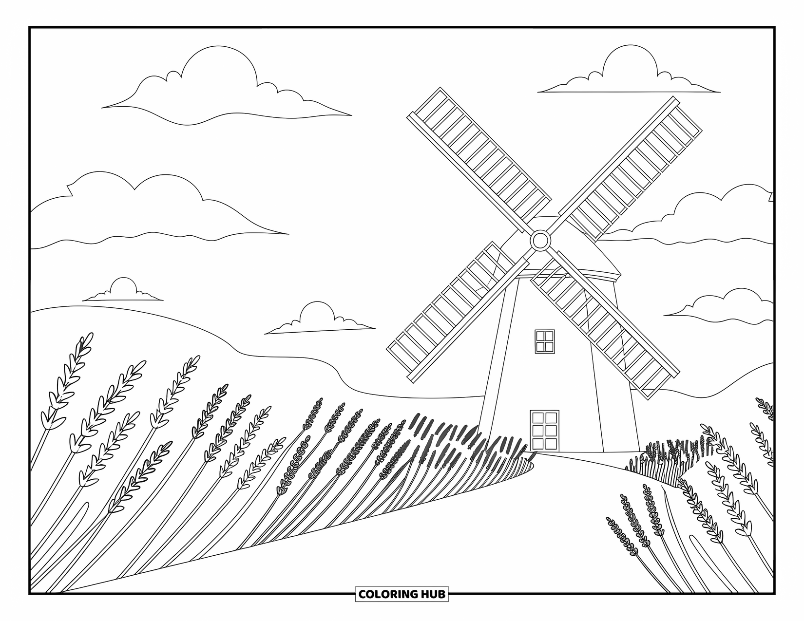 Stress Relief Coloring Page for Kids: A tall windmill turns gently next to a peaceful lavender field