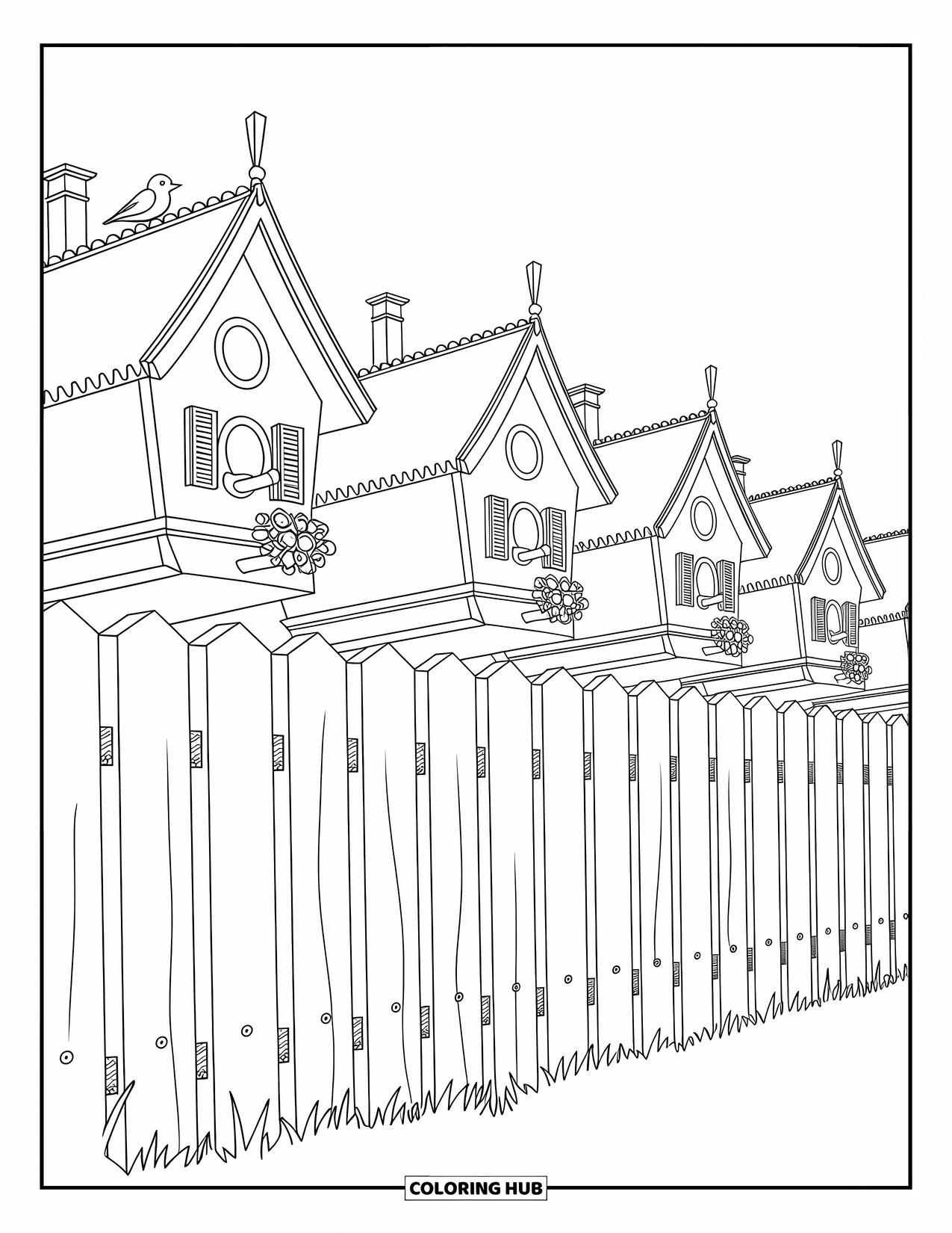 Stress Relief Coloring Page for Kids: Birdhouses line a fence as a small bird rests quietly