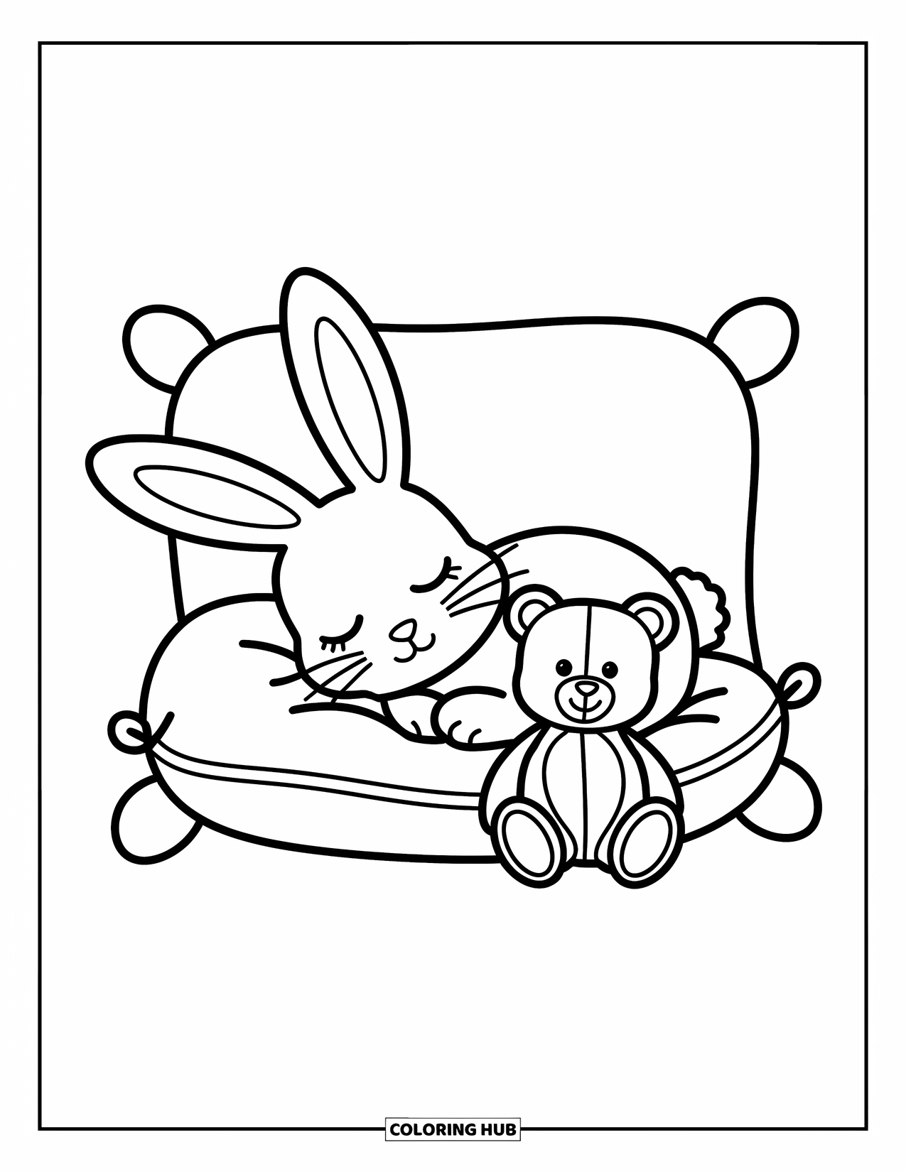 Stress Relief Coloring Page for Kids: Bunny naps with a teddy on a soft little pillow